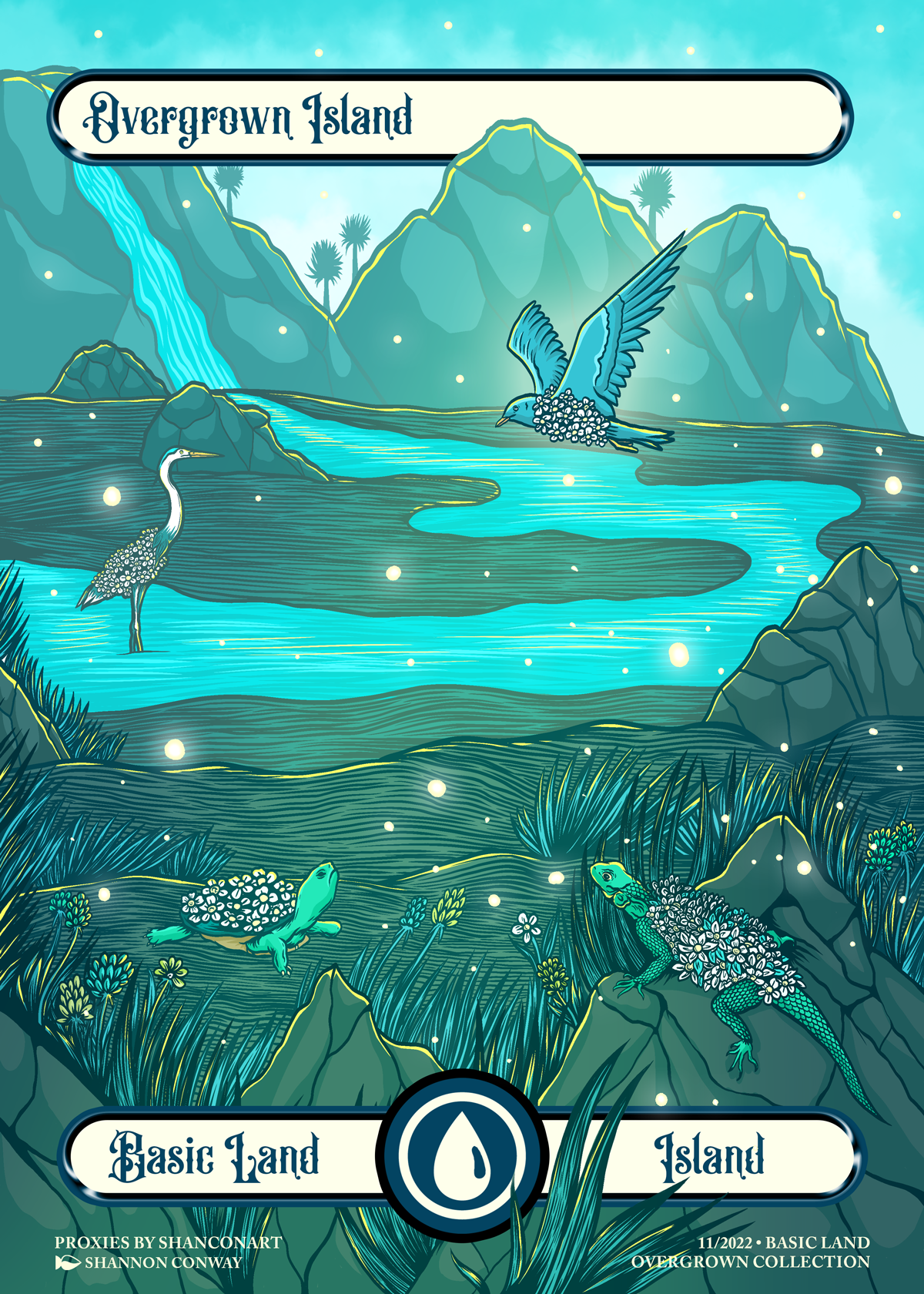 A stylized illustration of a nature scene with mountains, a waterfall, a river, and various animals including birds, a lizard, a frog, and a turtle. The scene is labeled 'Overgrown Island' and 'Basic Land'.