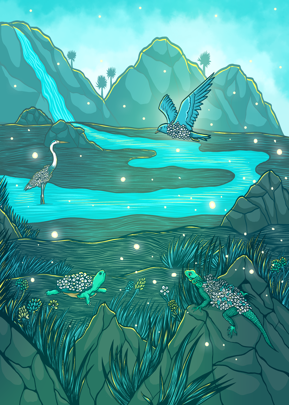 A stylized illustration of a lush jungle scene around a river with several exotic animals, including a heron, a blue bird, a lizard, and a turtle, surrounded by rocks, waterfalls, and dense vegetation, with a misty sky in the background.