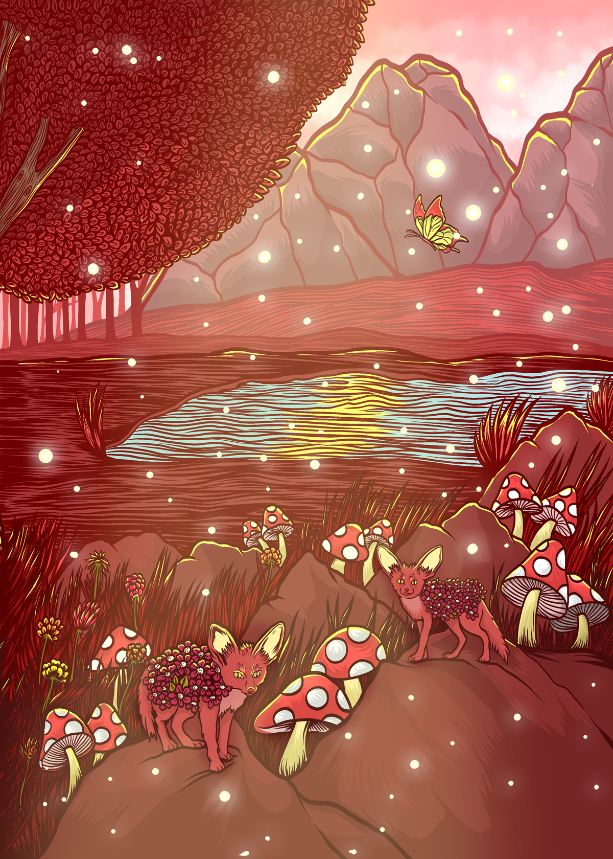 A fantasy landscape with red and pink hues, featuring a river, large trees, mountains in the background, glowing orbs, two foxes with flower patterns on their backs, mushrooms, and fireflies.