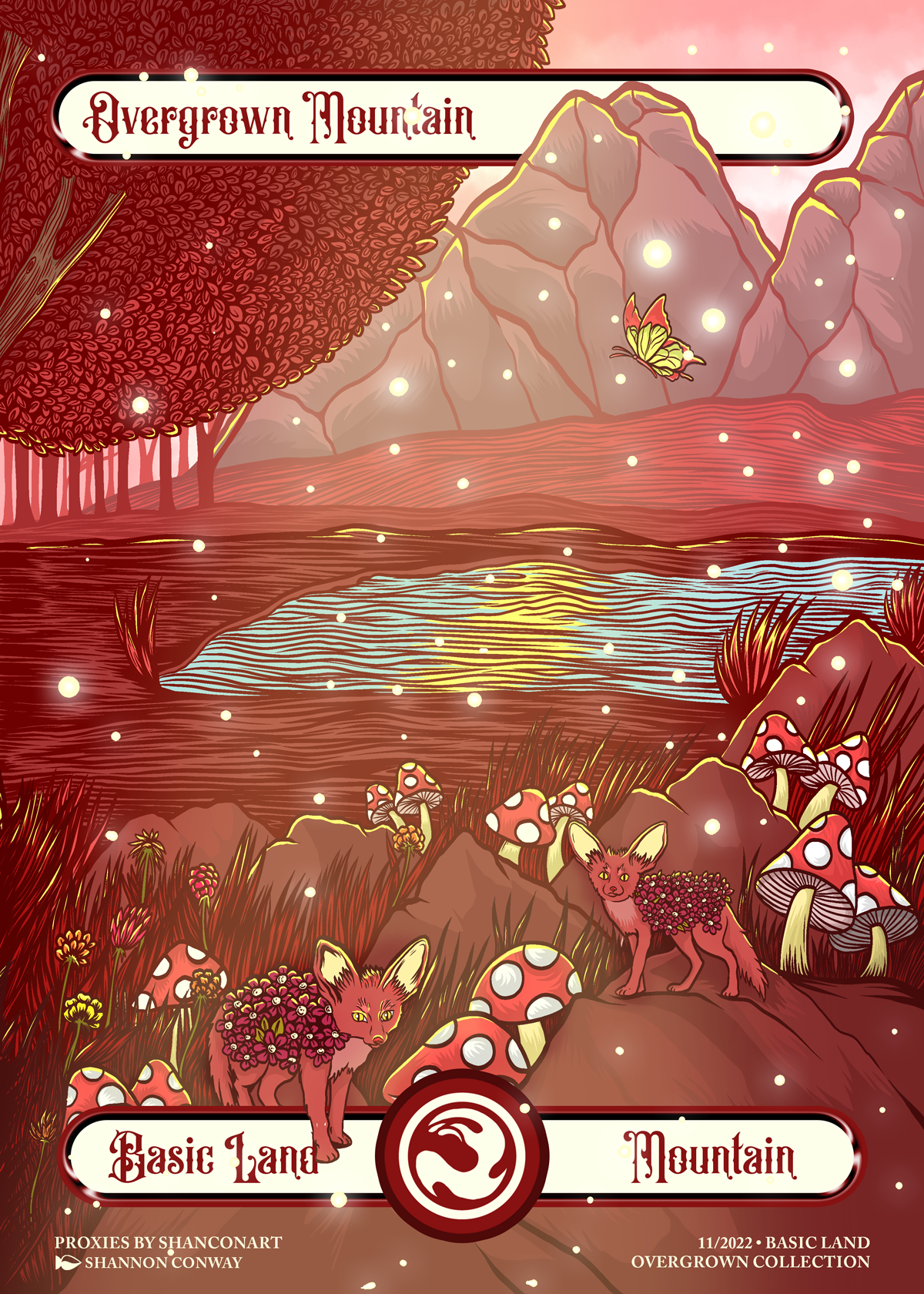 Illustration of an overgrown mountain landscape with trees, a river, mushrooms, and two foxes carrying flowers, in a fantasy art style.