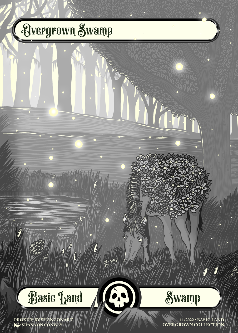 A grayscale illustration of a swampy forest scene with a horse grazing among tall grass and flowers, surrounded by trees and glowing fireflies. The top has a sign that reads 'Overgrown Swamp' and the bottom features a skull symbol with the text 'Basi