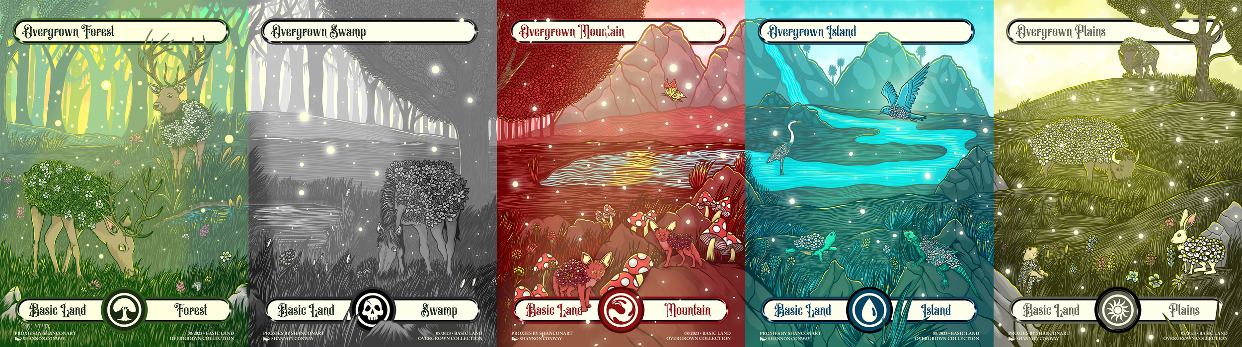 Series of five illustrated fantasy land cards, each depicting a different environment: Forest with deer, Swamp with alligator, Mountain with foxes, Island with birds, Plains with sheep.