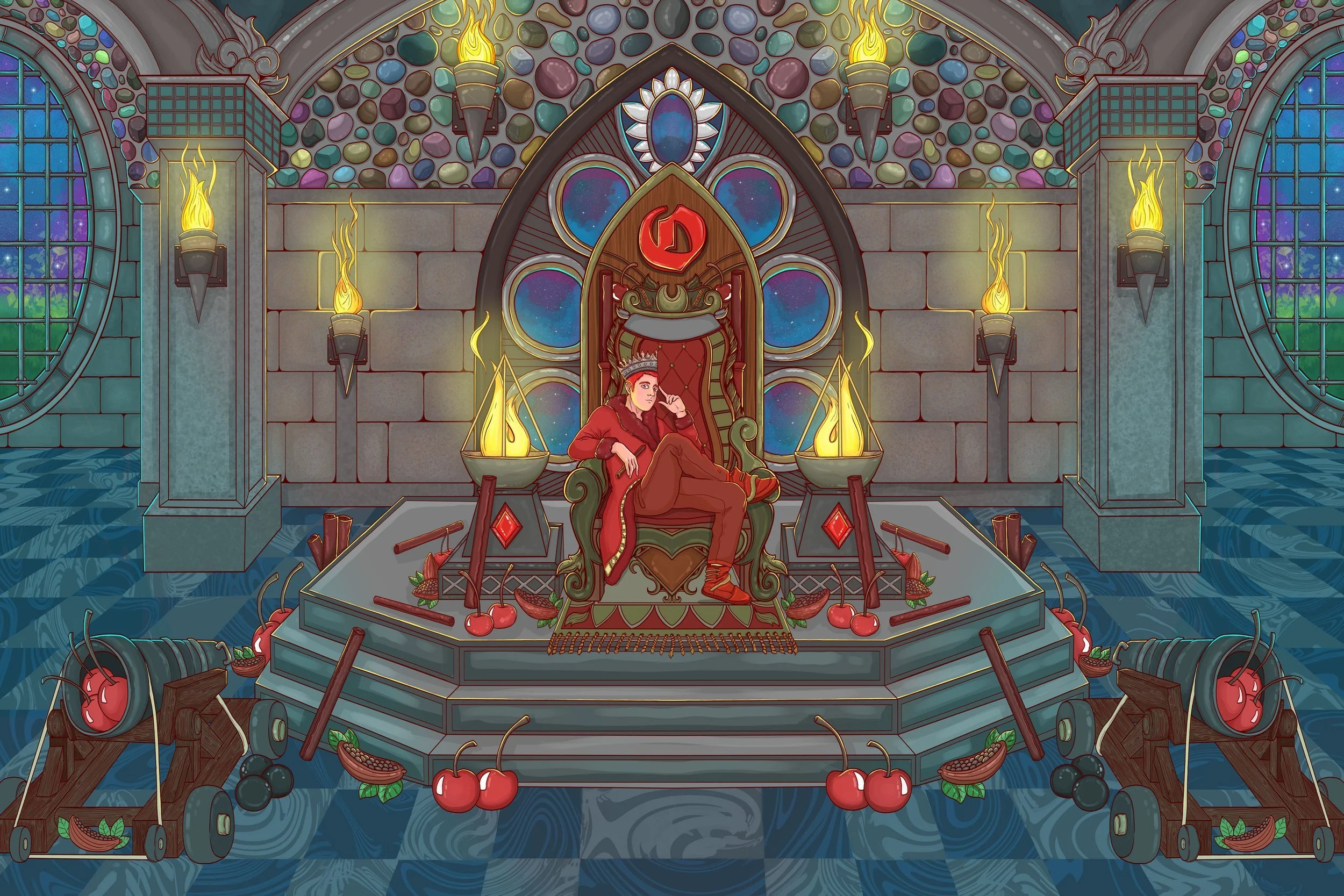 A person wearing a crown and red clothing sitting on a throne inside a castle. The castle has stained glass windows, torches on the walls, and the background features a starry sky through the windows. There are cherry, blackberry, and other fruits sc