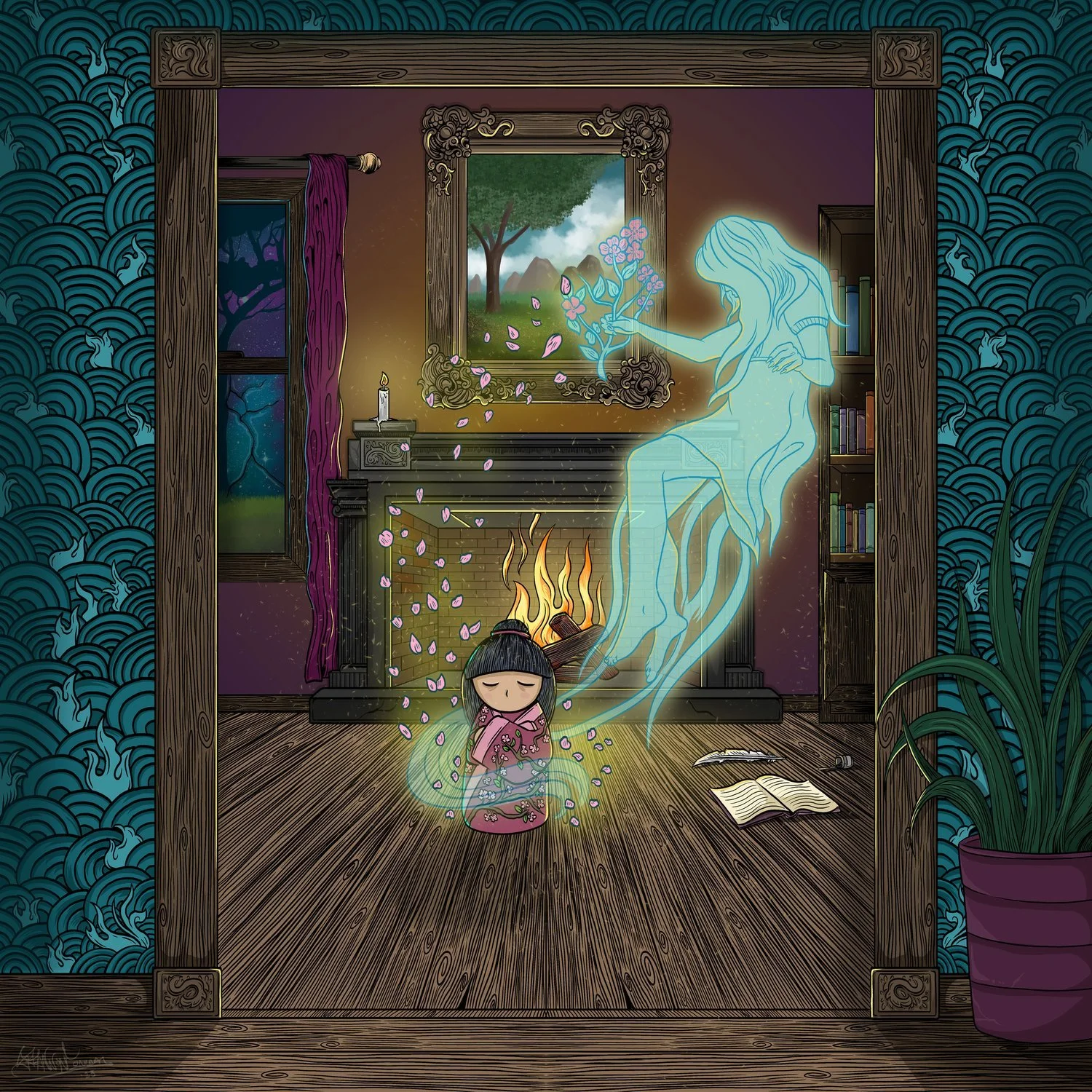A young girl in traditional Japanese clothing is sitting in front of a fireplace with a ghostly figure of a woman behind her, reaching towards a tree on a picture frame, inside a room decorated with bookshelves, candle, and an open book on the floor,