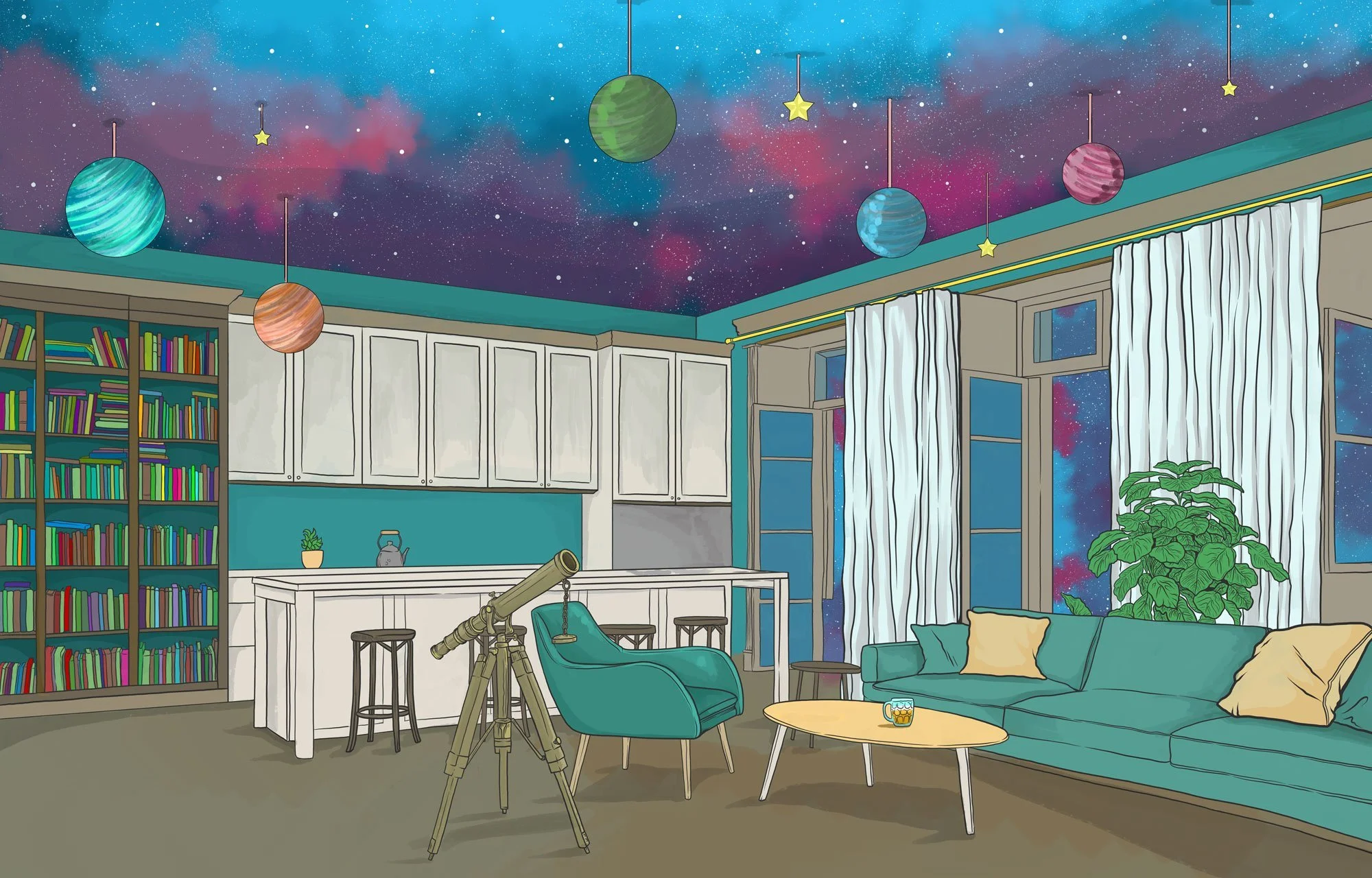 A cozy room decorated with a galaxy-themed ceiling, hanging planets, and stars, featuring a large bookshelf, a telescope, a teal armchair, a sofa with cushions, and large windows with white curtains, with a potted plant.