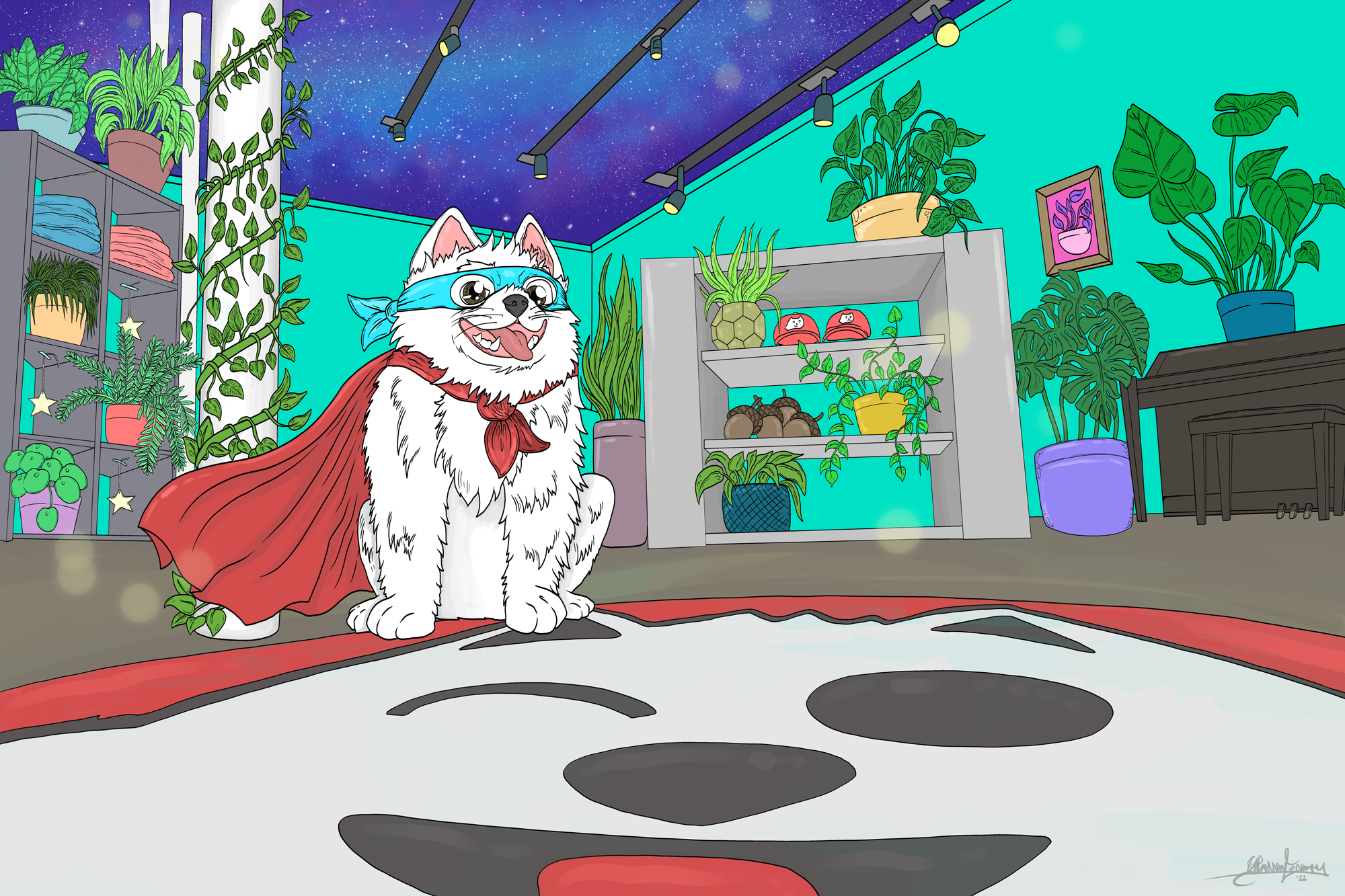 An illustration of a dog dressed as a superhero with a blue mask and red cape, standing in a room filled with various potted plants, with a starry sky visible through the ceiling.