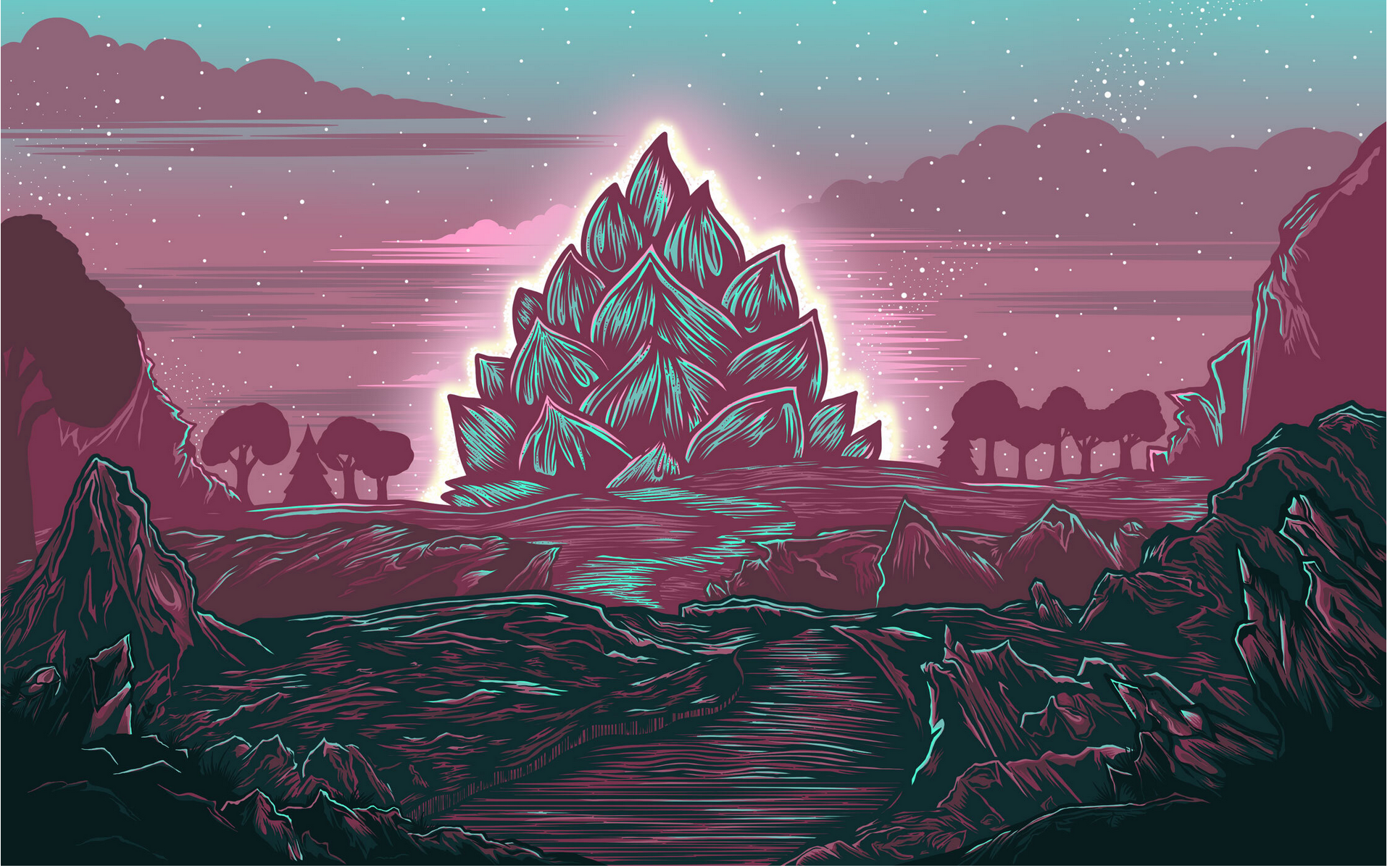 A digital artwork depicting a large, glowing plant-like structure in a surreal landscape with mountains, trees, and a starry sky, featuring neon colors and glowing outlines.