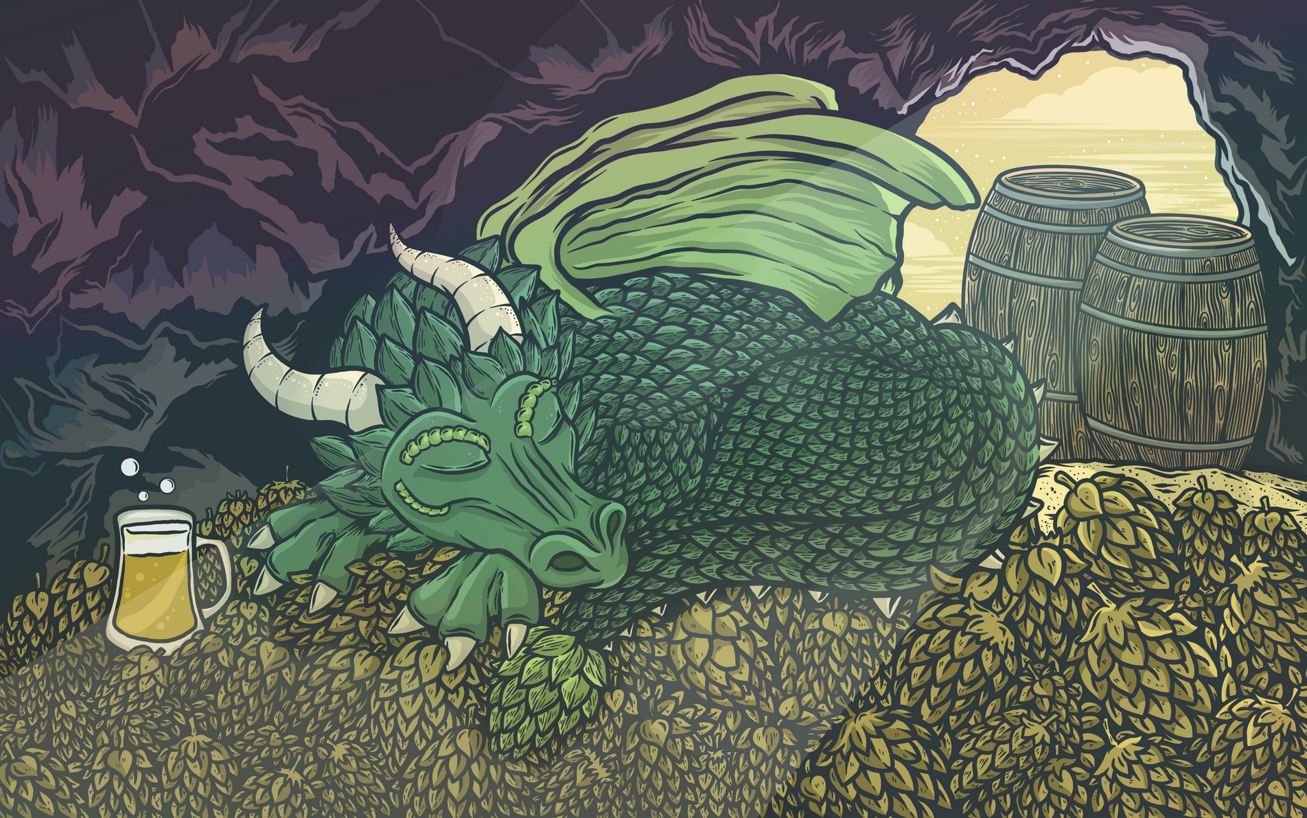 Artwork of a green dragon with horns, lying on a bed of hops, with barrels and a glass of beer nearby, inside a cave with an opening showing a body of water and a sunset.