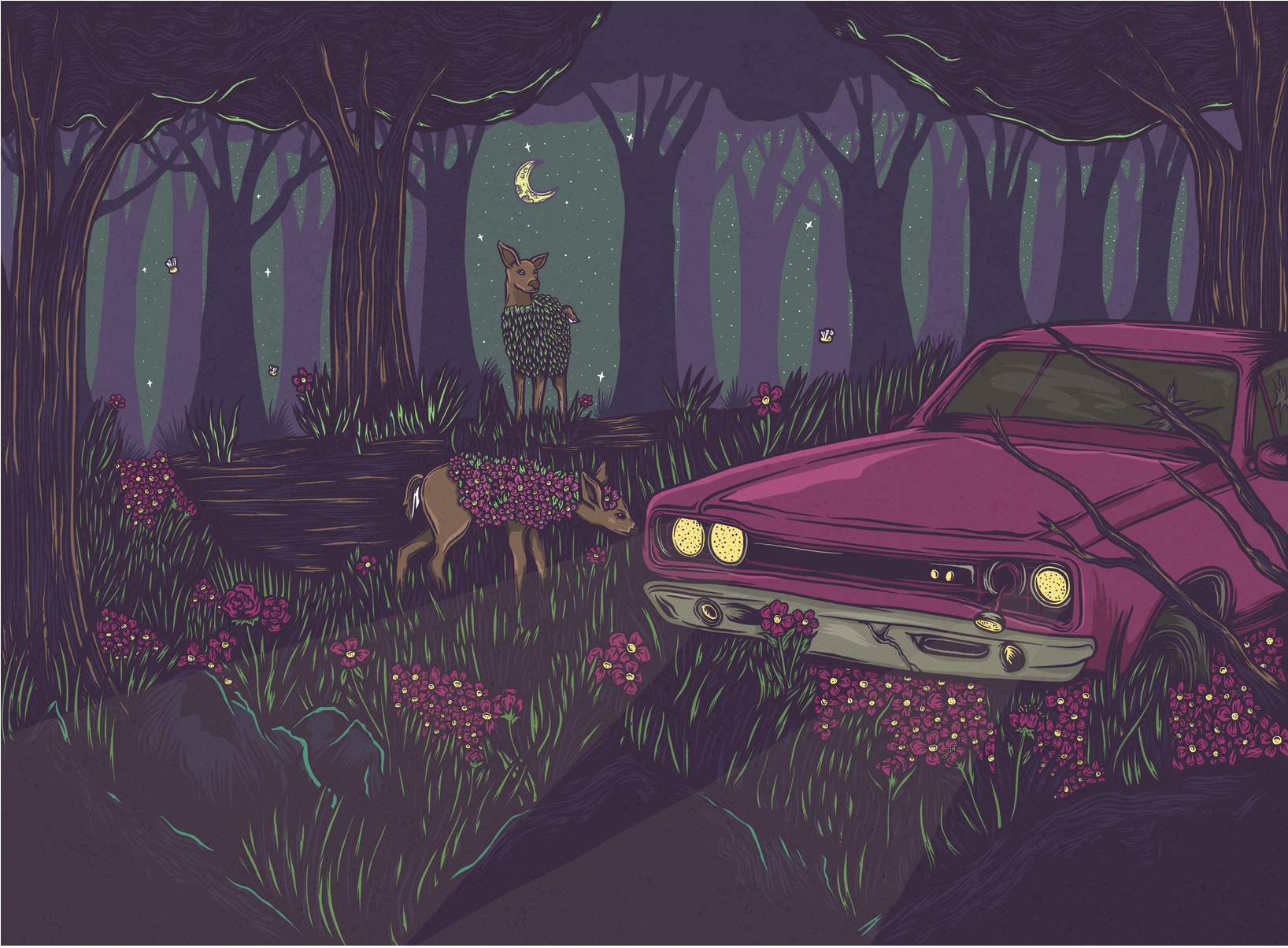 A whimsical illustration of a nighttime forest scene with a pink vintage car partially visible on the right, surrounded by wildflowers, trees, and animals including a deer, a fawn with a floral harness, and butterflies, under a starry sky with a cres