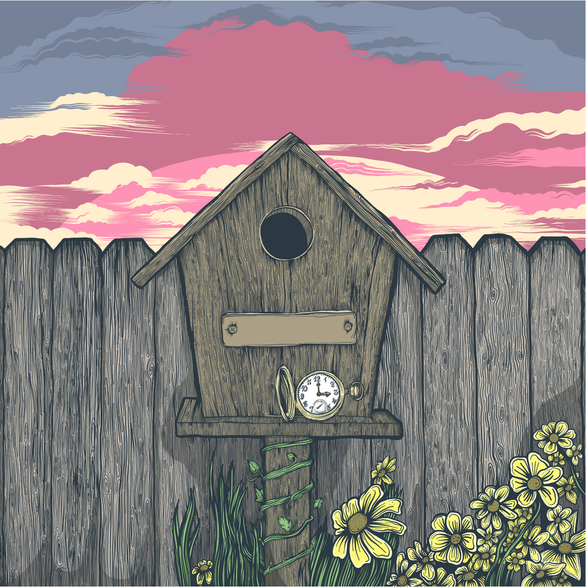 A weathered wooden birdhouse with a clock and a blank sign, situated on a wooden fence with yellow flowers and green grass, against a colorful sky with pink, purple, and cream clouds at sunset.