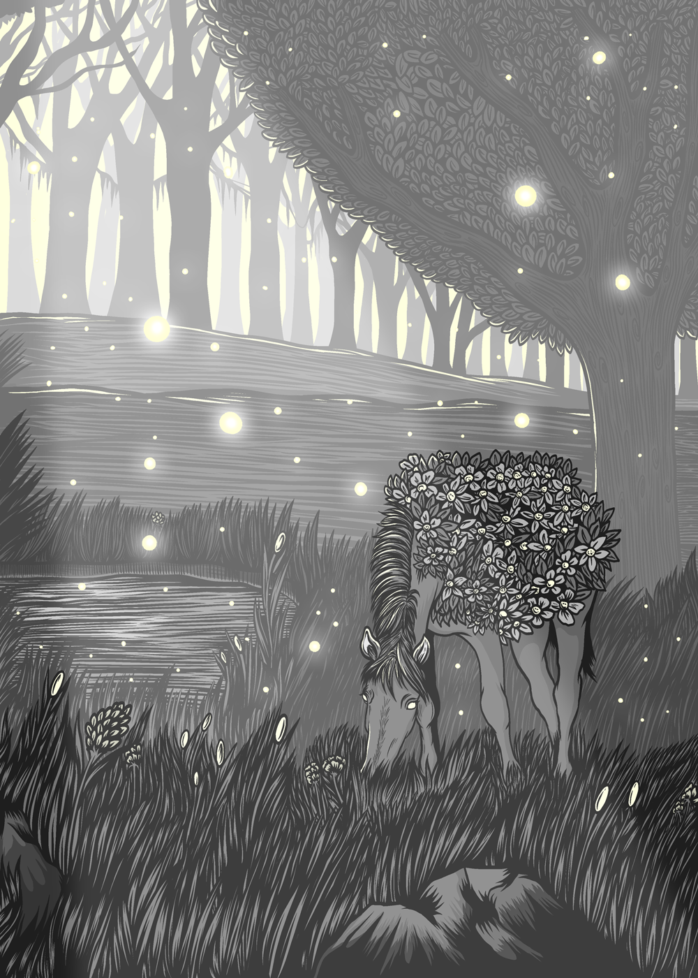 A grayscale illustration of a forest scene at night featuring a single horse with a bushy mane grazing among tall grass, flowering bushes, and large trees with dense foliage, illuminated by small glowing lights.