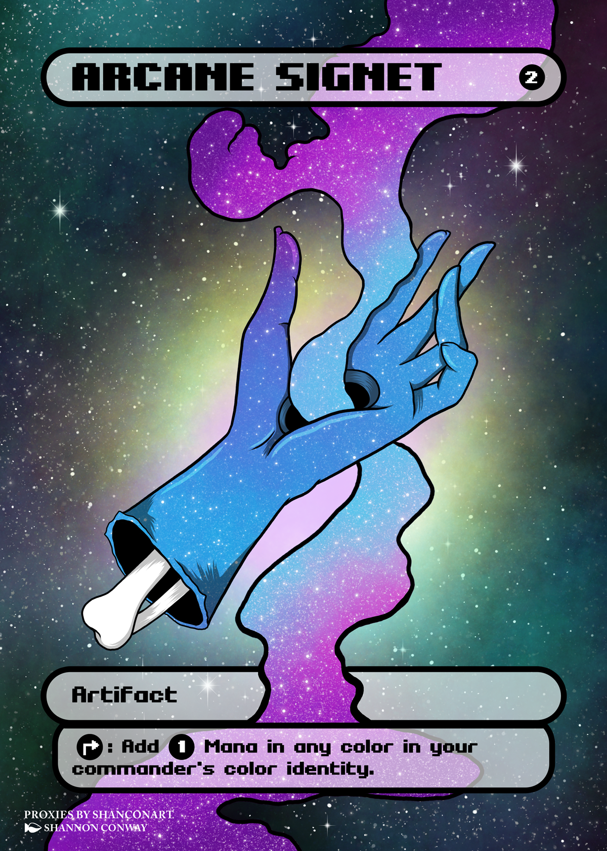 A tarot card titled "Arcane Signet" shows a blue hand with a cosmic pattern reaching out, holding a small black object. The background features a colorful galaxy with stars and nebulae, and the card has instructions for adding a mono in any color to 