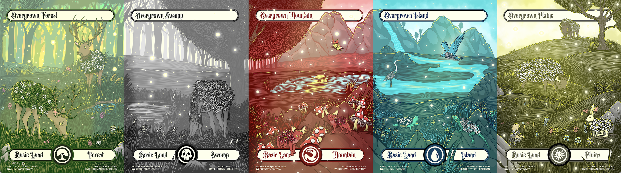 Colorful illustrated cards representing different landscapes: Forest, Swamp, Mountain, Island, Plains, with some fantasy elements and animals.