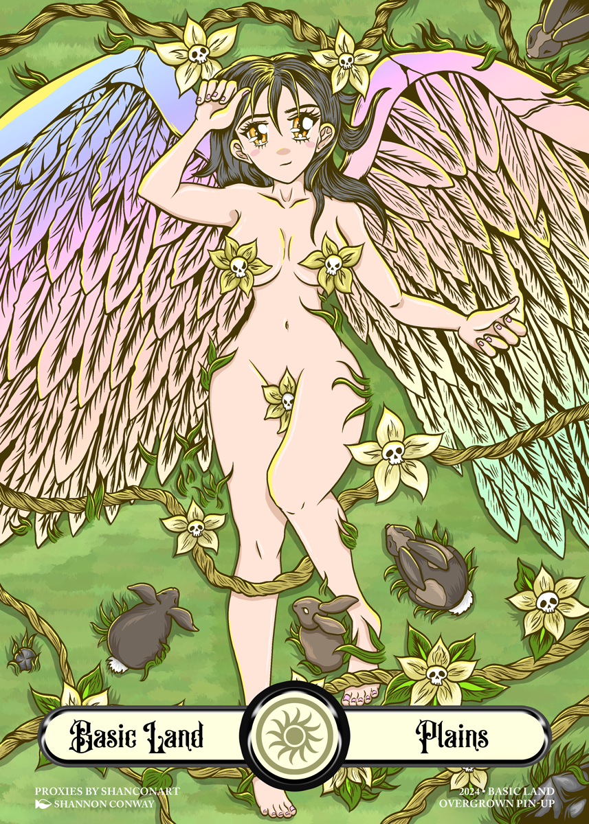 Fantasy illustration of a humanoid fairy with pink wings, long dark hair, and light skin, standing in a grassy area surrounded by vines with skull-shaped flowers and rabbits.
