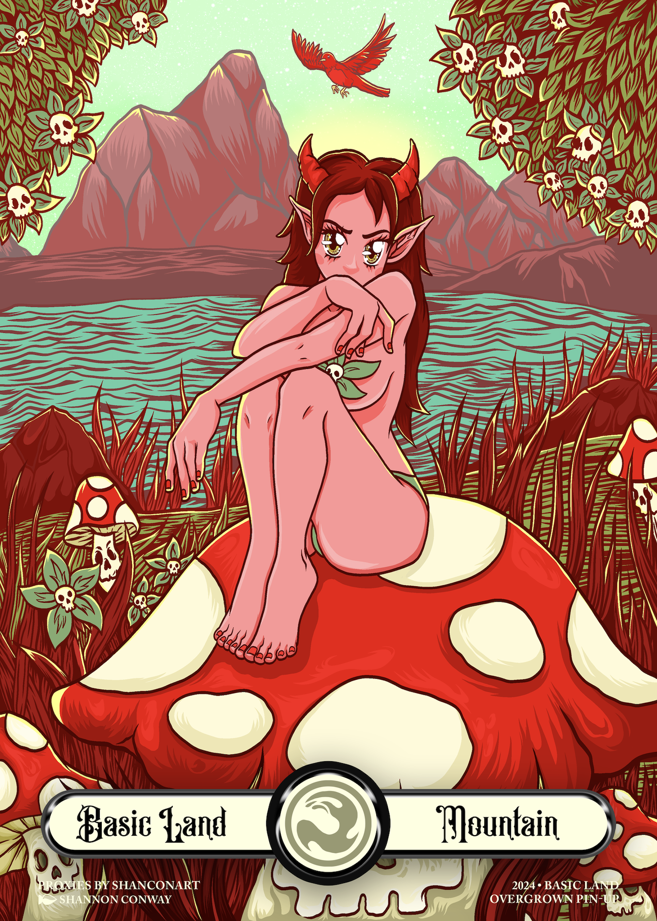 A fantasy illustration featuring a demon girl with red horns, pointed ears, and long dark hair sitting on a large red and white mushroom. She is surrounded by mushrooms with skull faces, grass, and mountains in the background, with a green sky and a 