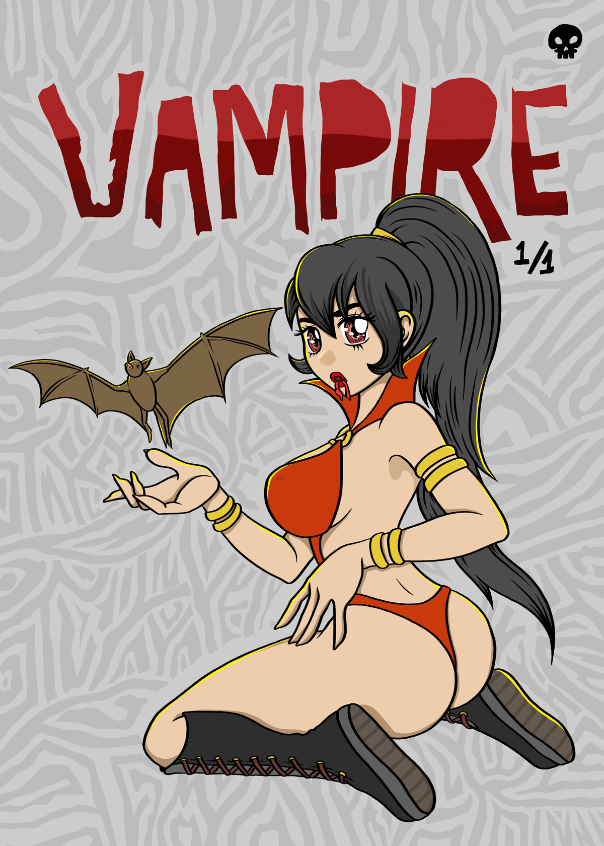 An anime-style drawing of a female vampire with long black hair, dressed in revealing orange clothing and gold accessories, holding a small bat, with a horror-themed background and the word "VAMPIRE" written in stylized red font at the top.