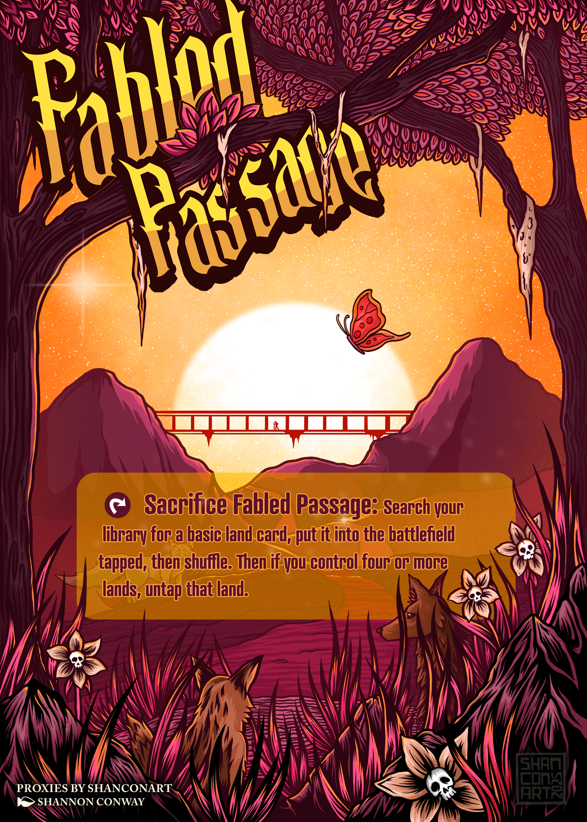 An illustrated fantasy landscape featuring a sunset or sunrise over mountains, with a bridge in the distance, large trees with pink leaves and hanging vines, a butterfly, flowers with skulls, and a wolf. There is a text overlay with game instructions