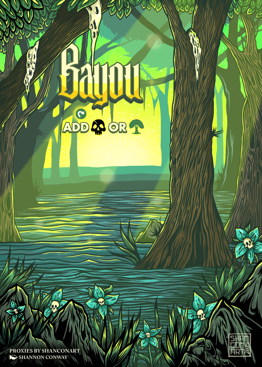 Colorful digital illustration of a lush, green swamp with water, tall trees, and blue flowers with skull centers. The sun shines through the massive trees, casting light and shadows. The text 'Bayou' is prominently displayed, with options to add a sk
