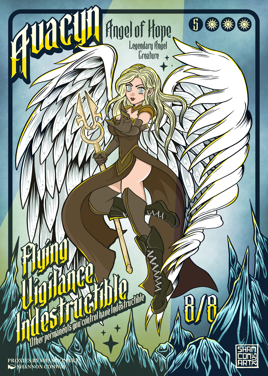 Illustration of a female angel with large white wings, long blonde hair, and elf-like ears. She is dressed in brown warrior attire, holding a trident, and surrounded by mountain landscape. Text includes "Angel of Hope," "Flying Unstoppable," and othe