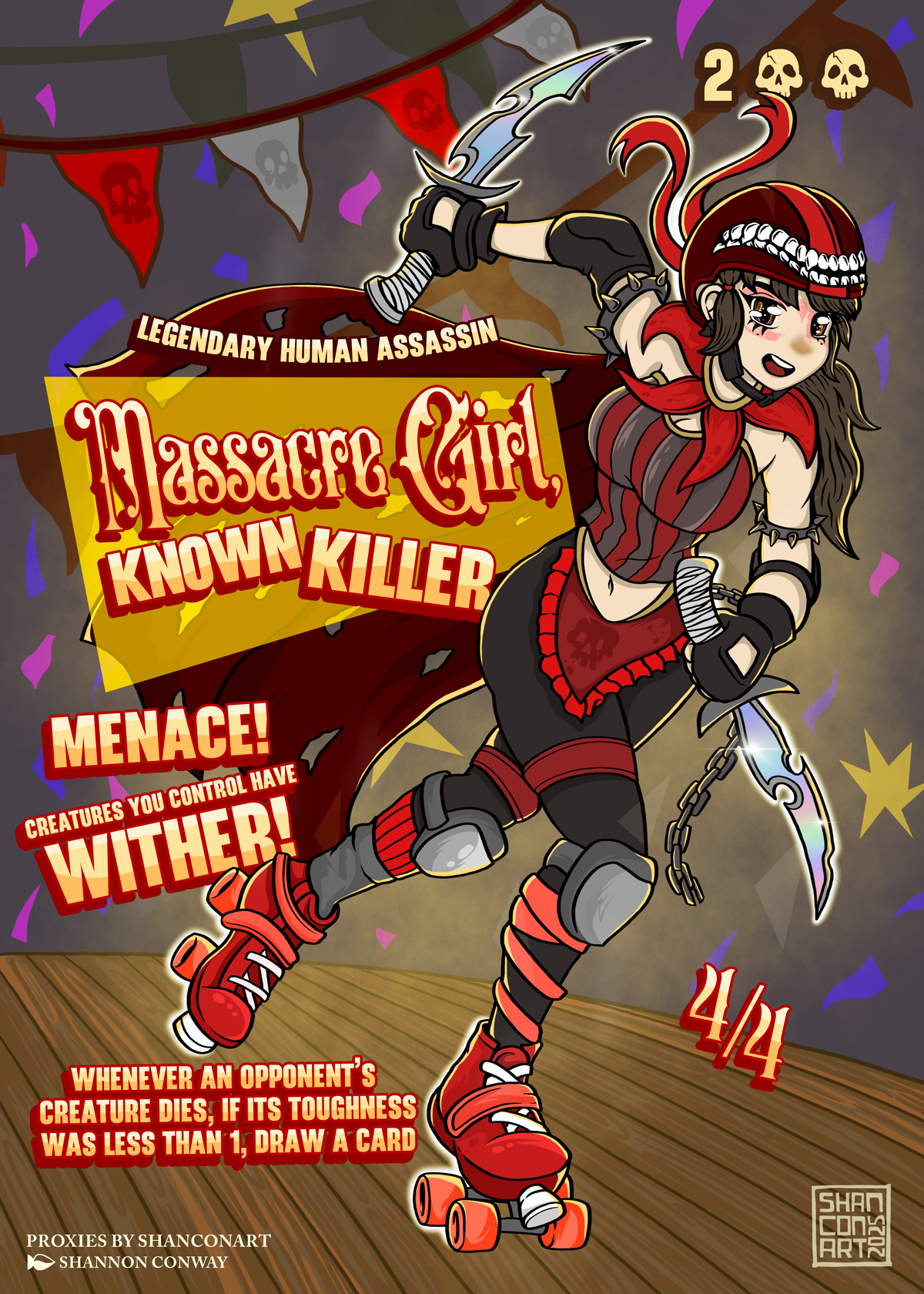 An animated character dressed as a skateboarding girl with a red helmet, red and black outfit, roller skates, and a whip in one hand, posing confidently against a background with colorful banners and confetti. The image features text about her being 