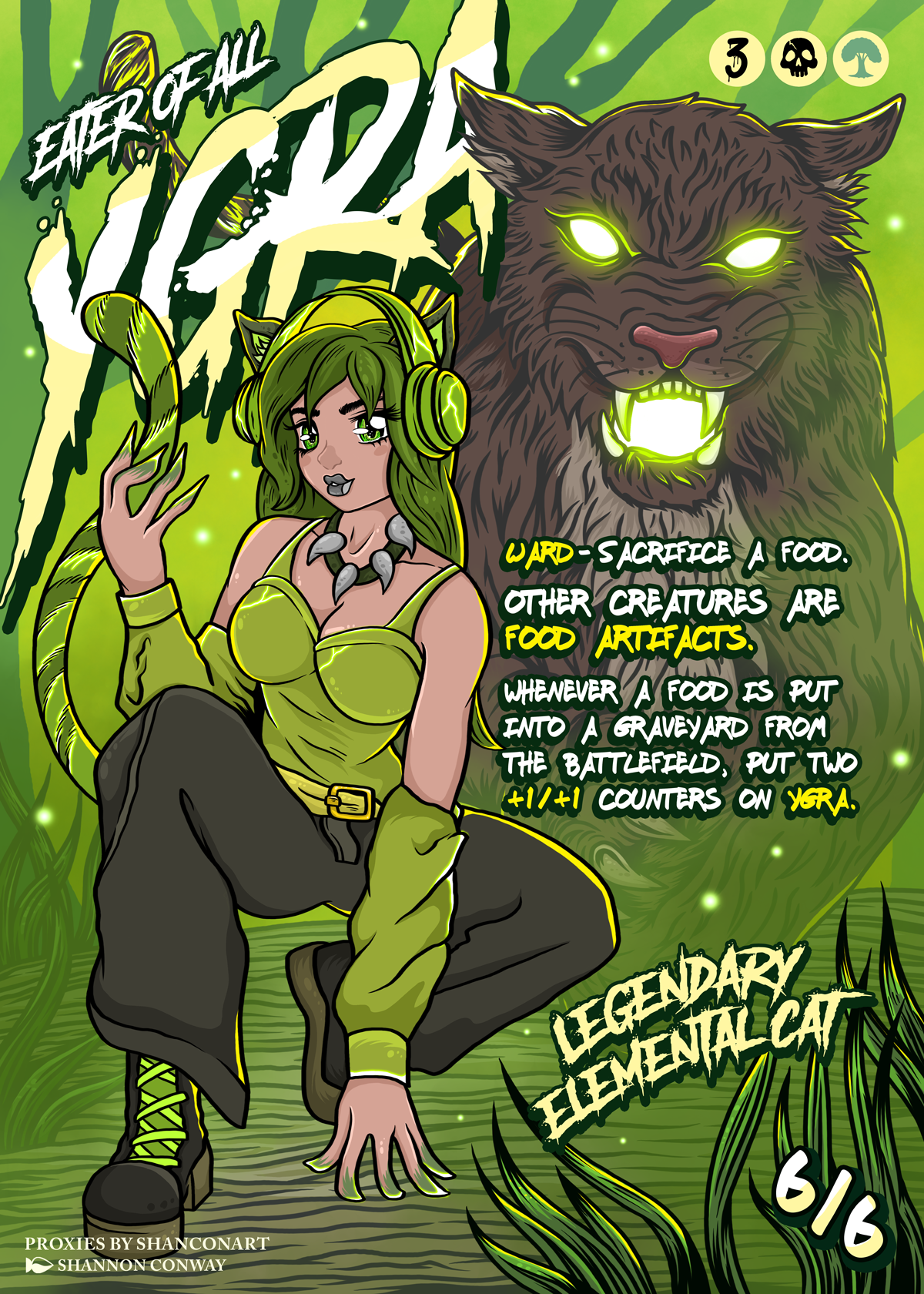 A fantasy illustration of a green-skinned female character with feline features sitting confidently in front of a large, fierce panther with glowing green eyes. The background is jungle-themed with large leaves and glowing particles. Text explains a 