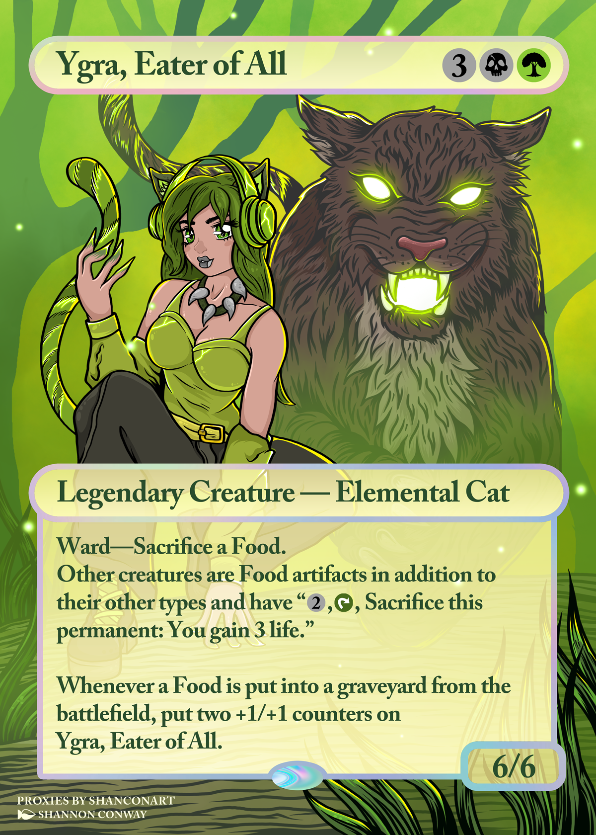 A fantasy illustration of a green-haired woman with cat ears sitting next to a large, glowing-eyed, lion-like creature in a vibrant jungle background. The card is titled "Ygra, Eater of All" and describes a legendary elemental cat with specific game 