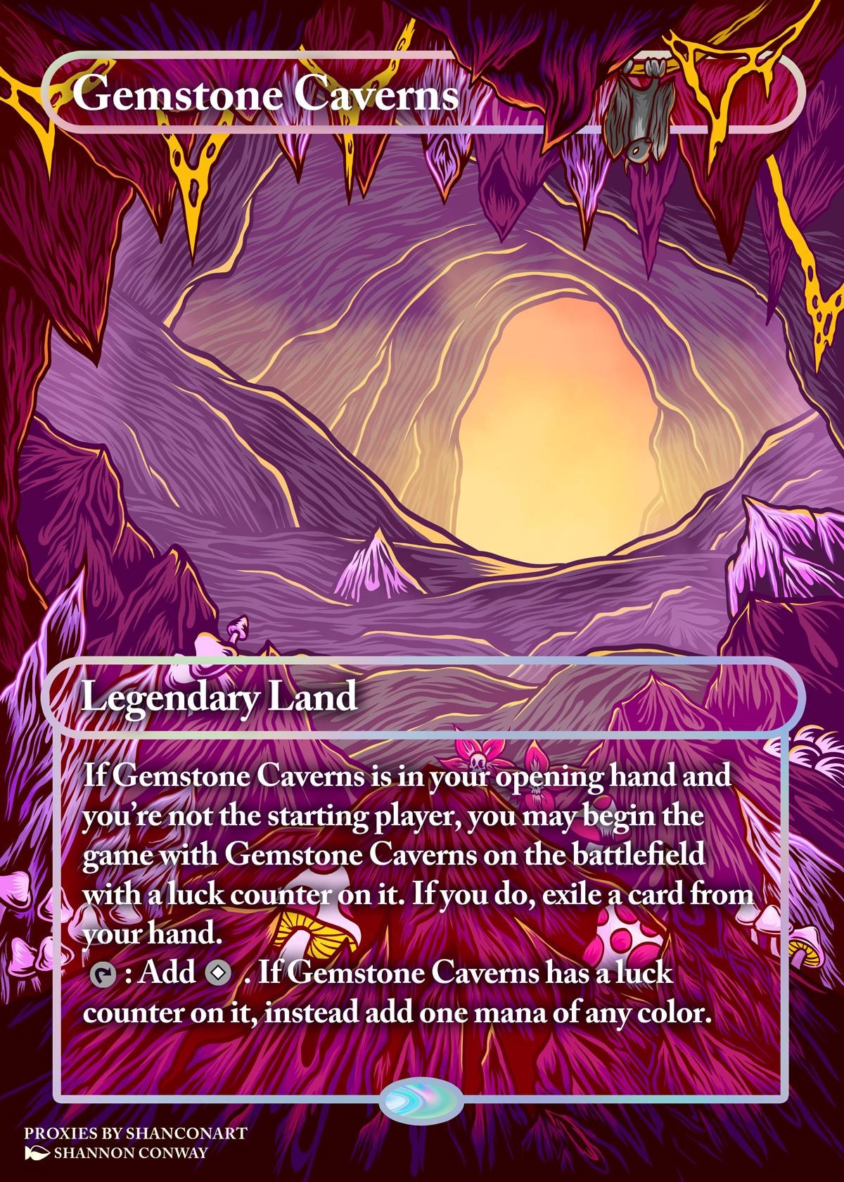 Digital illustration of a cavern with purple and pink crystal formations, a glowing central opening, and stylized mountain-like formations in the background, representing a fantasy landscape.
