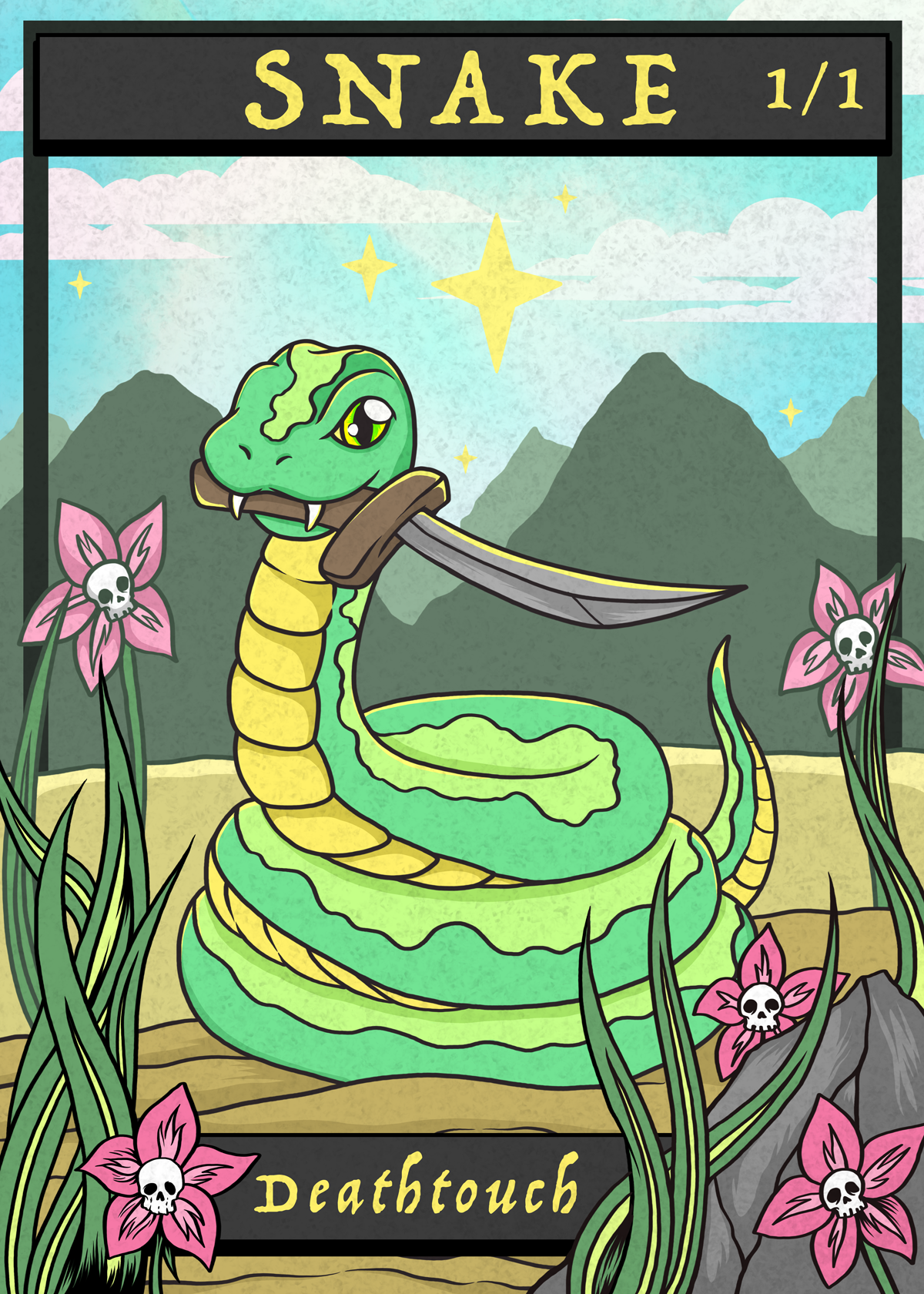 Illustration of a snake with a sword in a landscape with mountains and pink flowers with skull centers, labeled 'Deathtouch'.