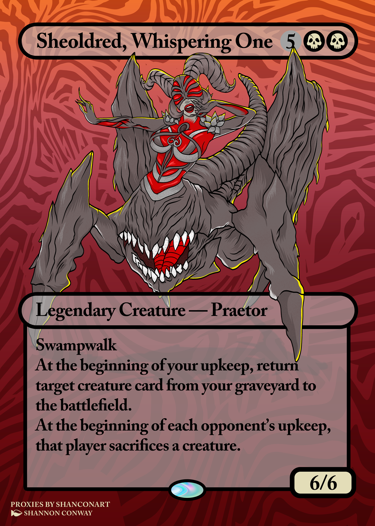 A fantasy game card titled "Sheoldred, Whispering One," featuring a large, menacing creature with bat-like wings, horns, red markings, and sharp teeth, set against a textured red background. The card details include its type as a legendary creature -