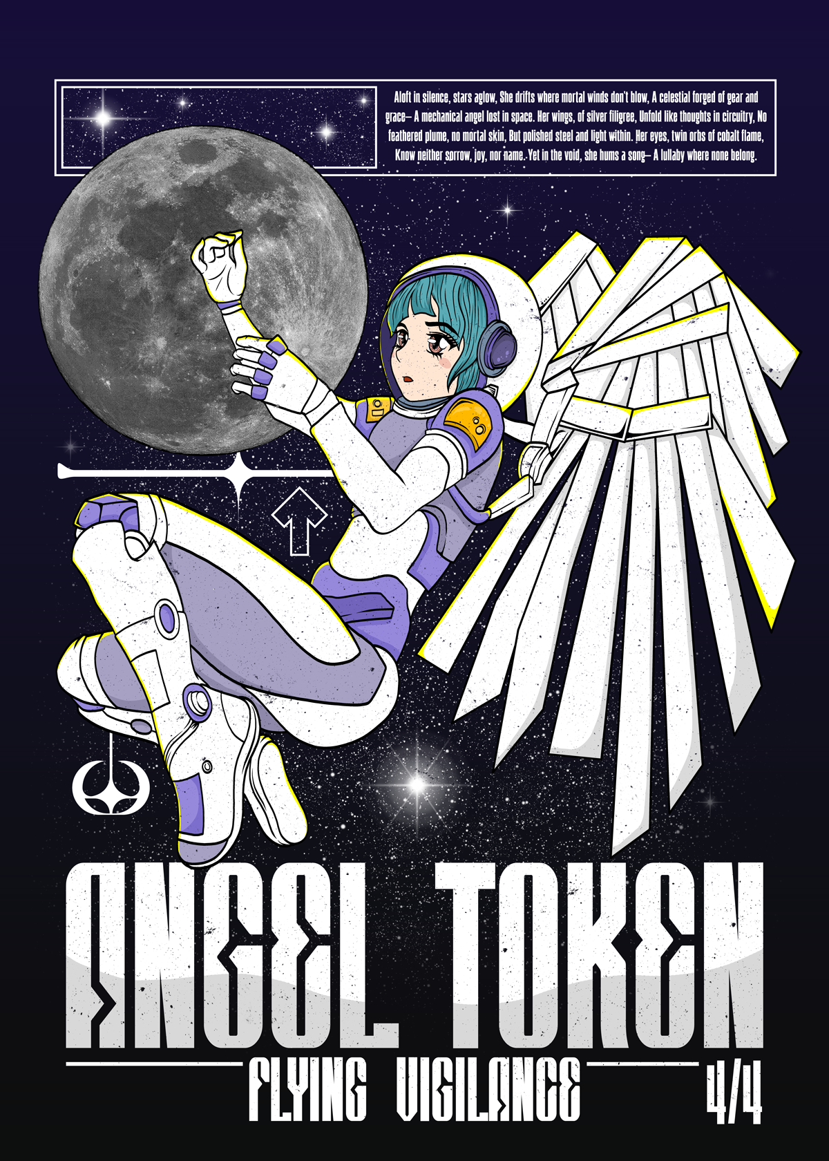 Anime-style illustration of a female astronaut with blue hair and headphones, sitting in space against a starry background with the moon and a mechanical angel winged robot. There is a quote about celestial and mechanical themes in the upper part of 