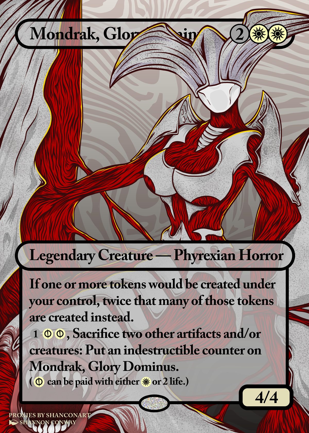 A fantasy trading card titled 'Mondrak, Glory Dominus' depicting a female creature with demonic, bat-like wings, a horned head, red muscles, and armor. The card describes her as a legendary Phyrexian horror creature with various game abilities.