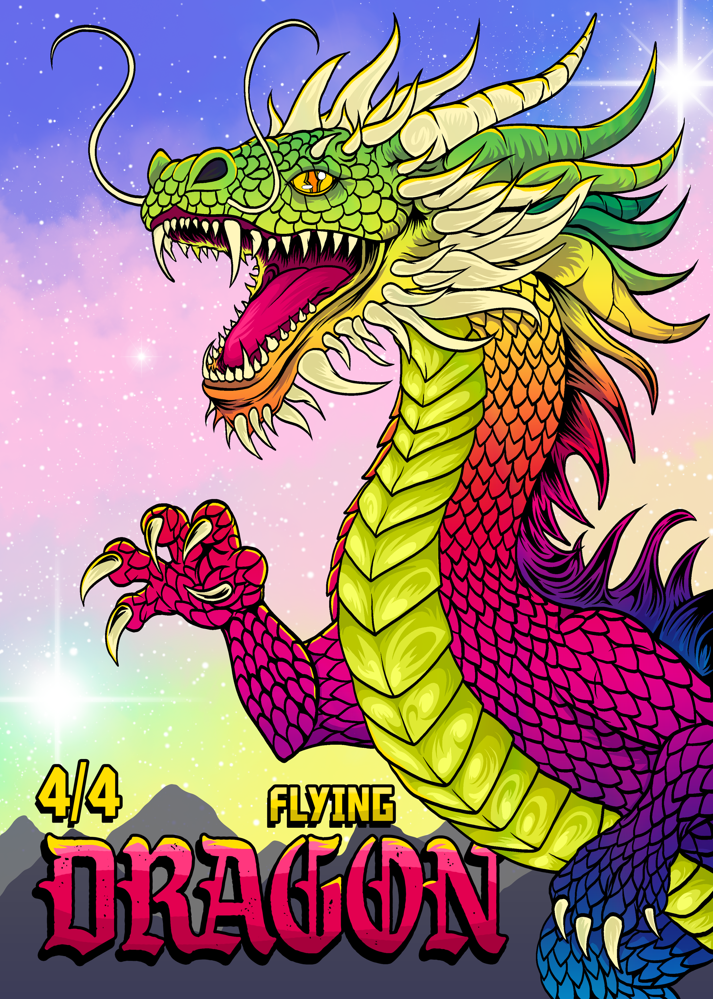 A colorful cartoon dragon with green and yellow scales, white horns, and orange eyes flying against a starry sky background with mountain silhouettes and the word "DRAGON" in large pink and black 3D text.