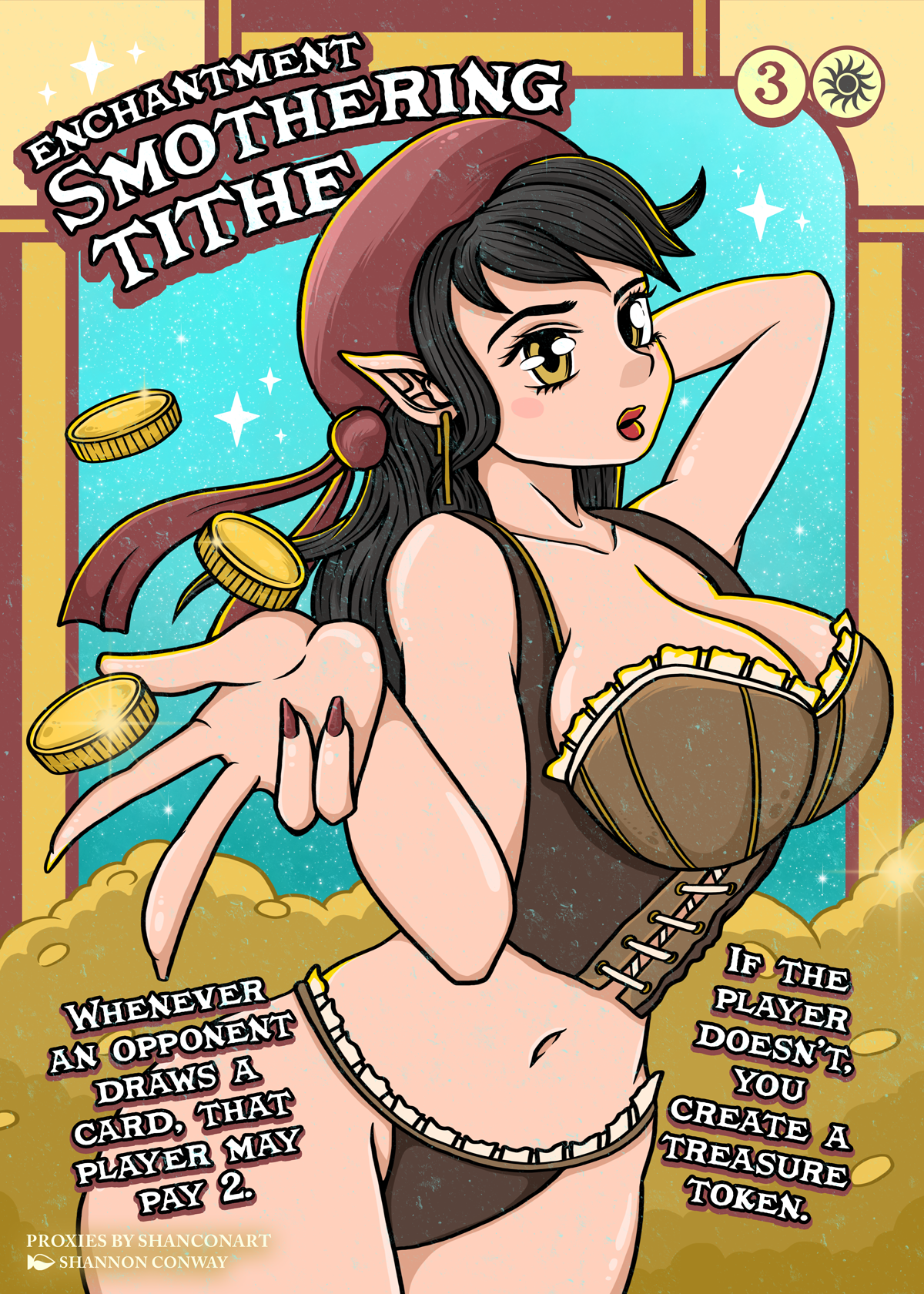 A fantasy-style illustration of a female elf with black hair, gold eyes, and pointed ears. She is wearing a brown corset and a large hat. She is holding out her hand with gold coins falling from it. The background is blue with sparkles. The top of th