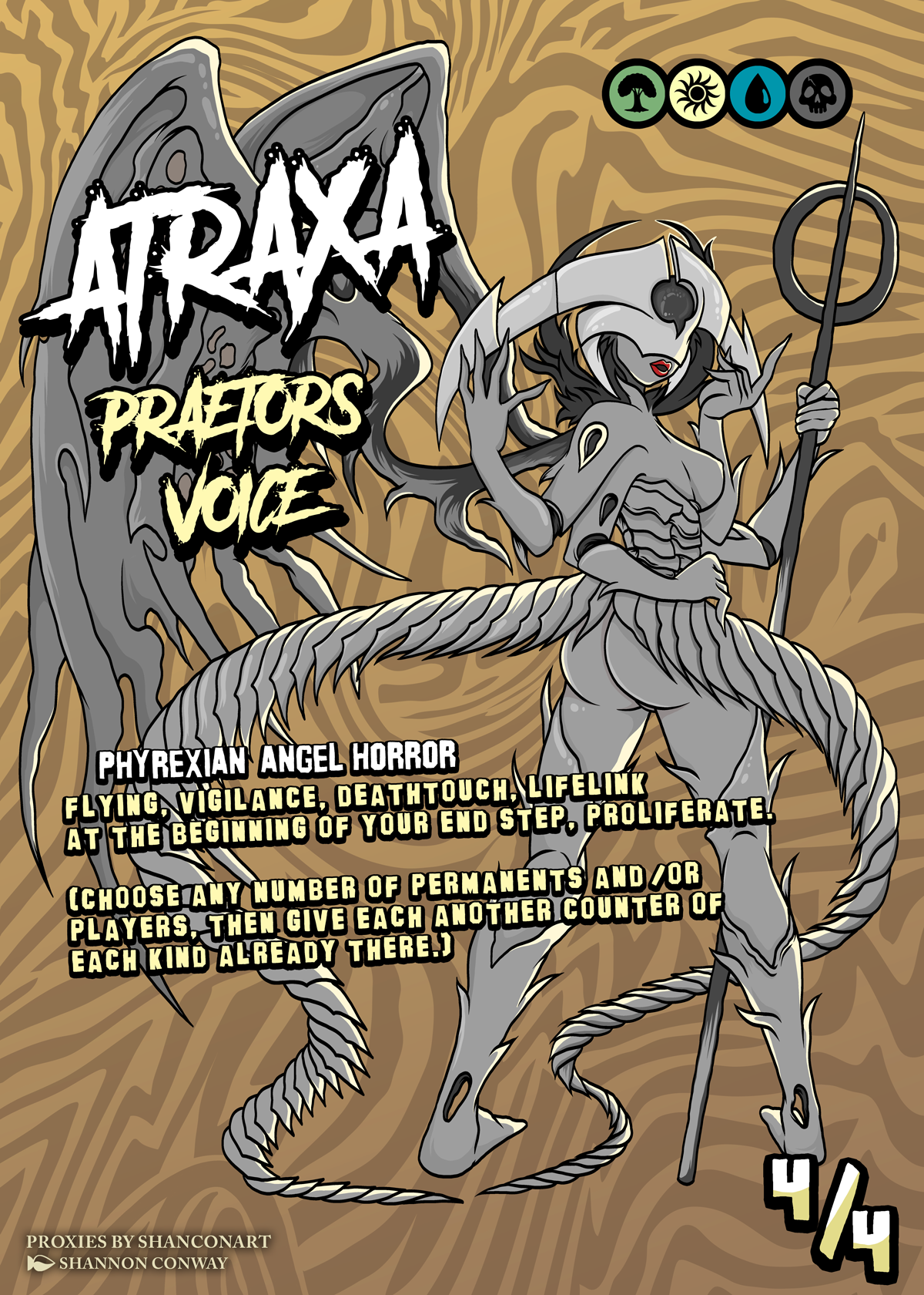 A fantasy-style illustration of a winged, humanoid creature with horns, a tail, and armor, holding a trident, set against a textured wood background. The image features game elements and text describing a game scenario involving angels, vigilance, de