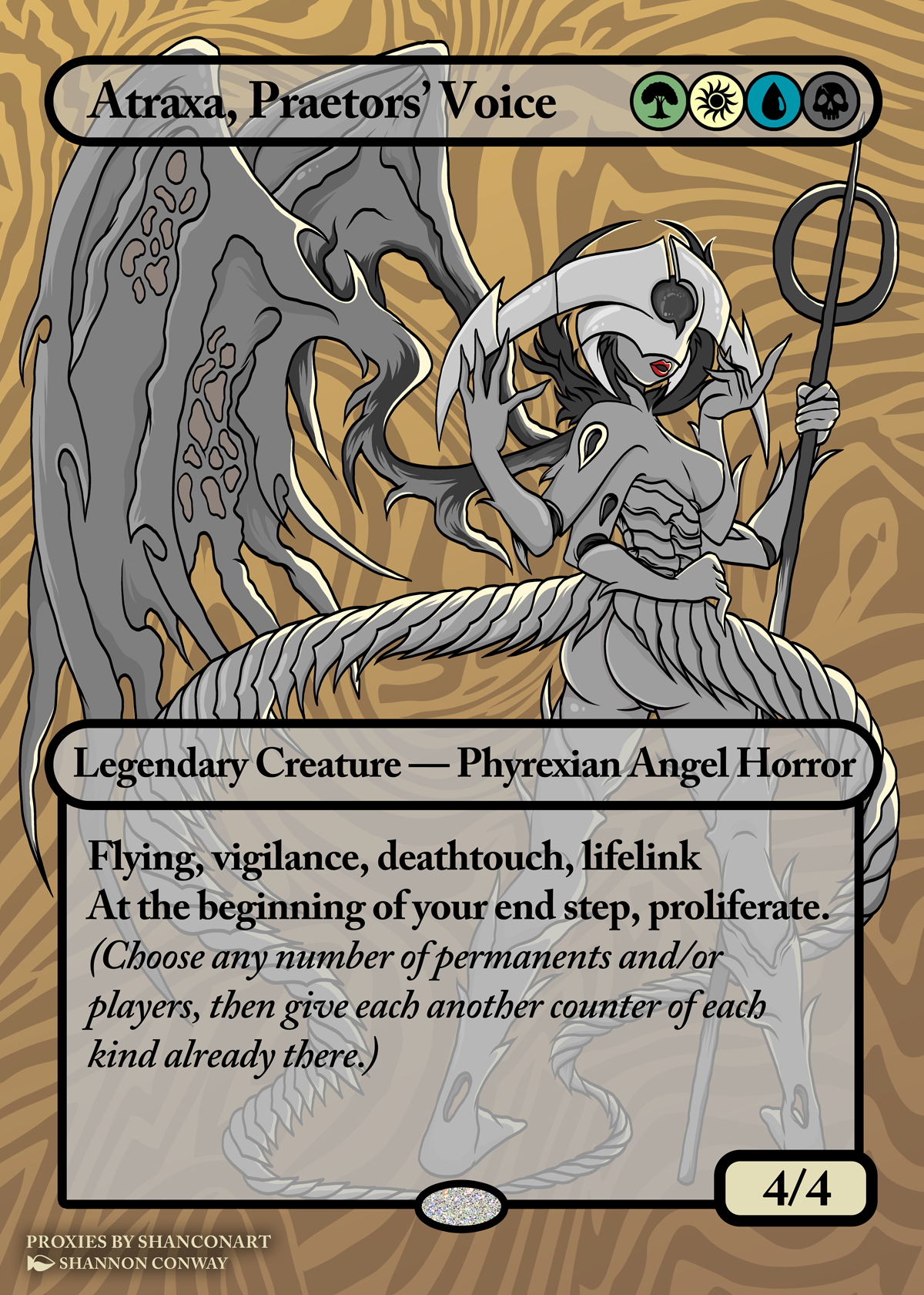 A fantasy trading card featuring a mythical creature called Atraxa, Praetors' Voice. The creature has an angelic and demonic appearance with multiple eyes, wings, and horns. The card has symbols indicating its attributes and abilities. The background