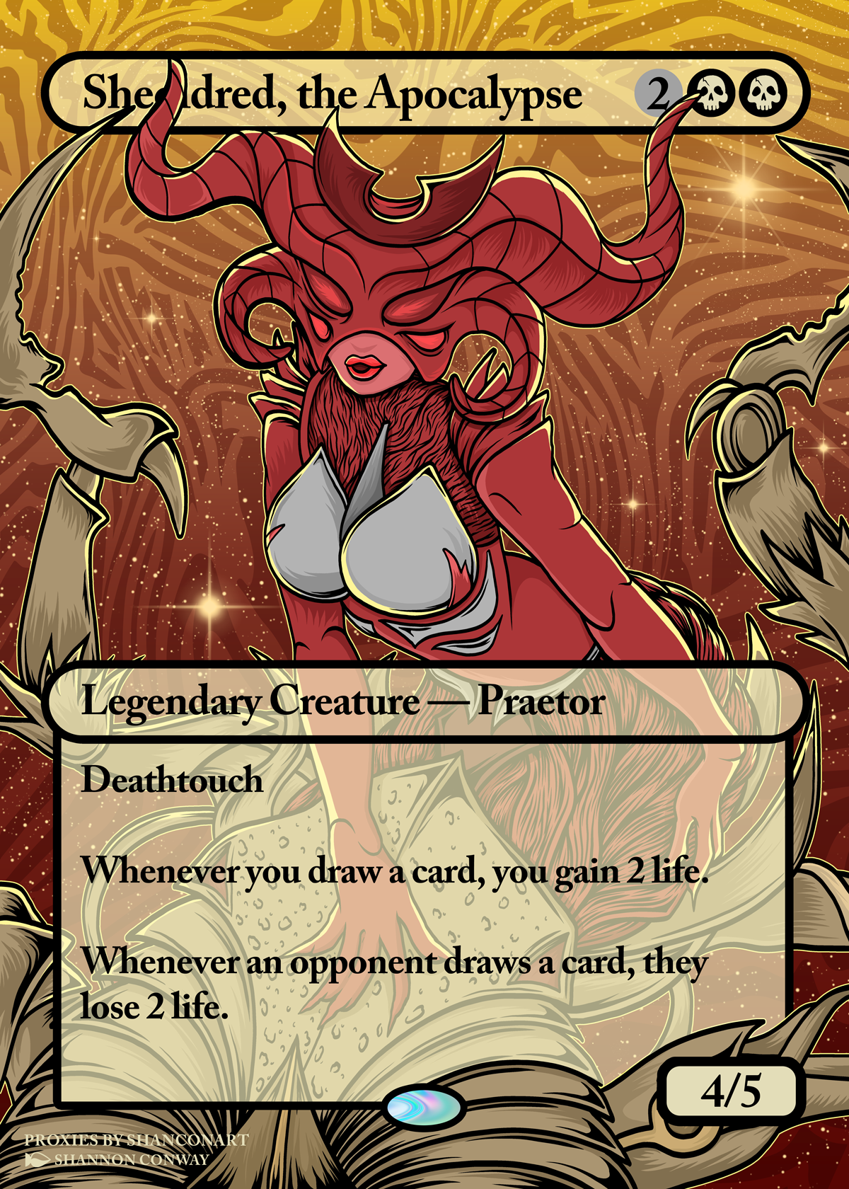 A fantasy-style card titled "She-dred, the Apocalypse" featuring a red demon girl with large horns and closed eyes, standing against a fiery, starry background. She has a humanoid body with armor-like features and is surrounded by sharp claws and fla