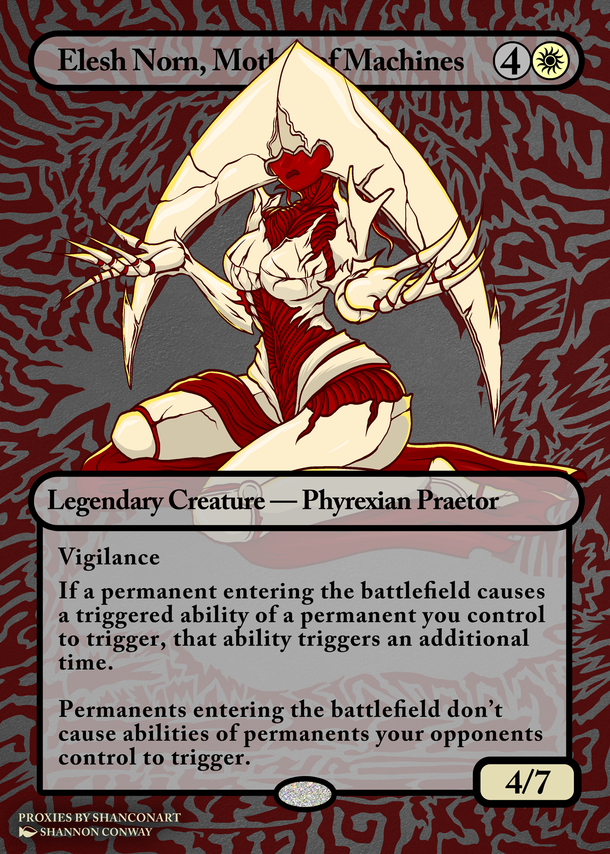 A fantasy-style card featuring a figure called Elesh Norn, Mother of Machines, a legendary creature - Phyrexian Praetor. The creature appears spider-like with an elongated, armored body, sharp claws, and a large head with a featureless red face. The 