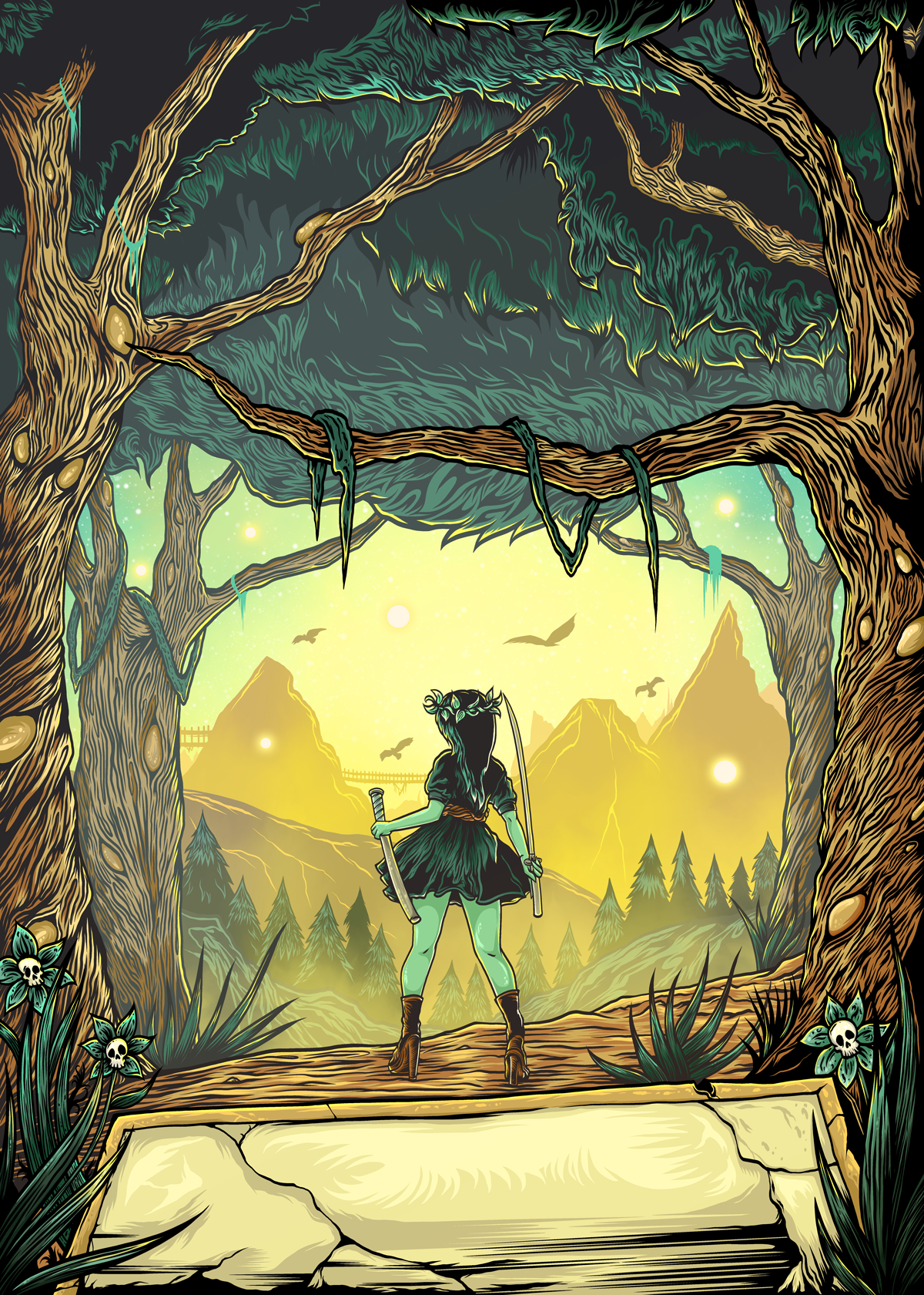 A fantasy scene featuring a female archer with dark hair and animal ears, standing in a wooded landscape at sunset, surrounded by ancient trees, mountains, flying bats, and glowing orbs.