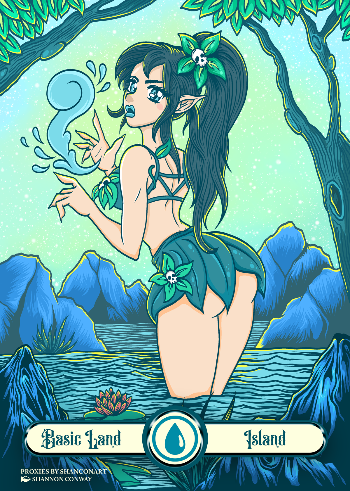 Anime-style illustration of a female elf with long dark hair and pointed ears, standing waist-deep in a body of water, surrounded by mountains, trees, and plants with skull-shaped foliage, under a starry sky with a greenish glow.