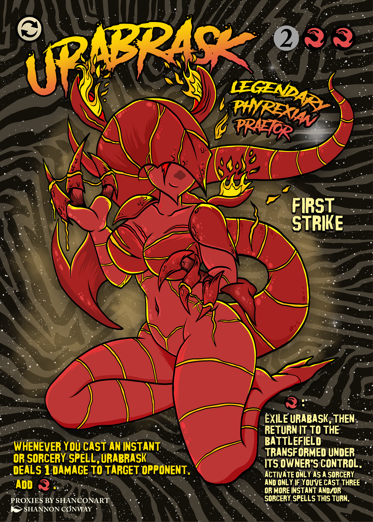 A red and yellow armored demon-like creature with horns and claws, holding a fiery orb, set against a black and white swirling background. Text on the image describes a game called 'Urabrask,' including character names, abilities, and gameplay instru