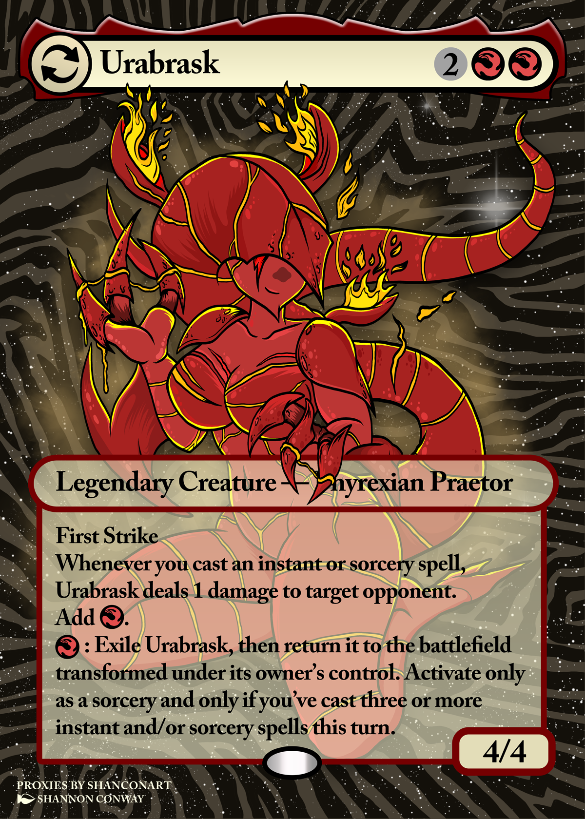 A fantasy trading card titled 'Urabrask' depicts a fiery red and yellow creature that is a blend of insect and dragon, set against a dark, swirling background. The creature has a segmented tail, sharp claws, and an armored body, with flames emanating