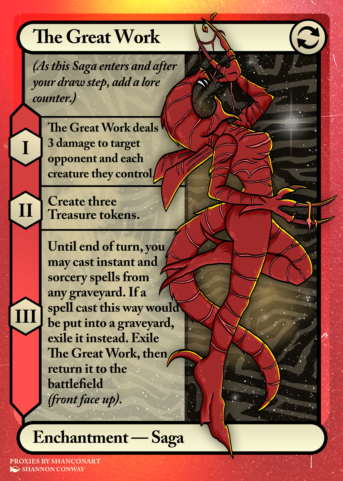 A card titled "The Great Work" from a game, featuring a red, insect-like creature with multiple limbs and antennae, set against a cosmic, starry background. The card contains game instructions and lore.