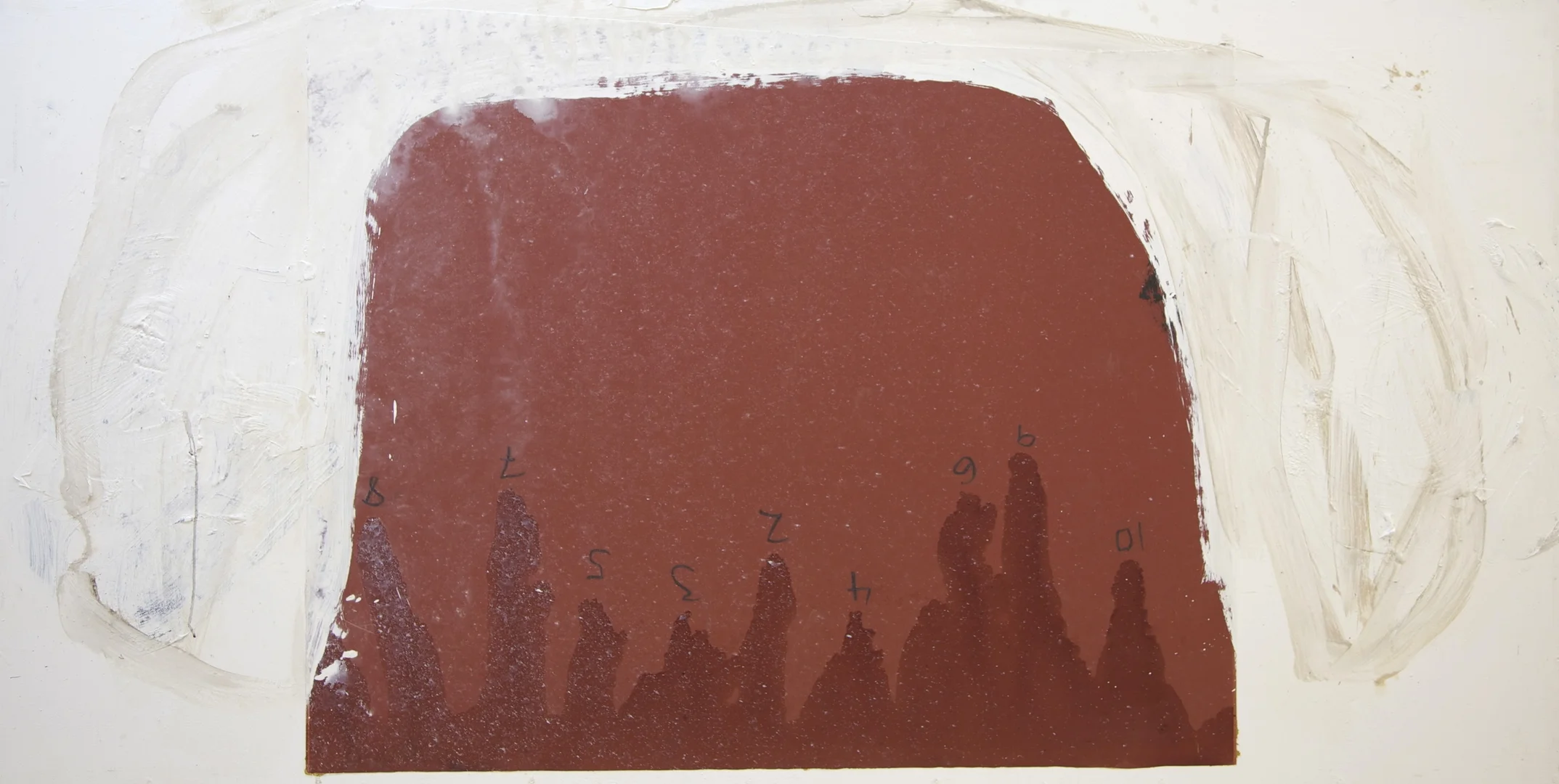 Red shape. Acrylic, varnish and cray on sandpaper, on hardboard. 240x120 cm.