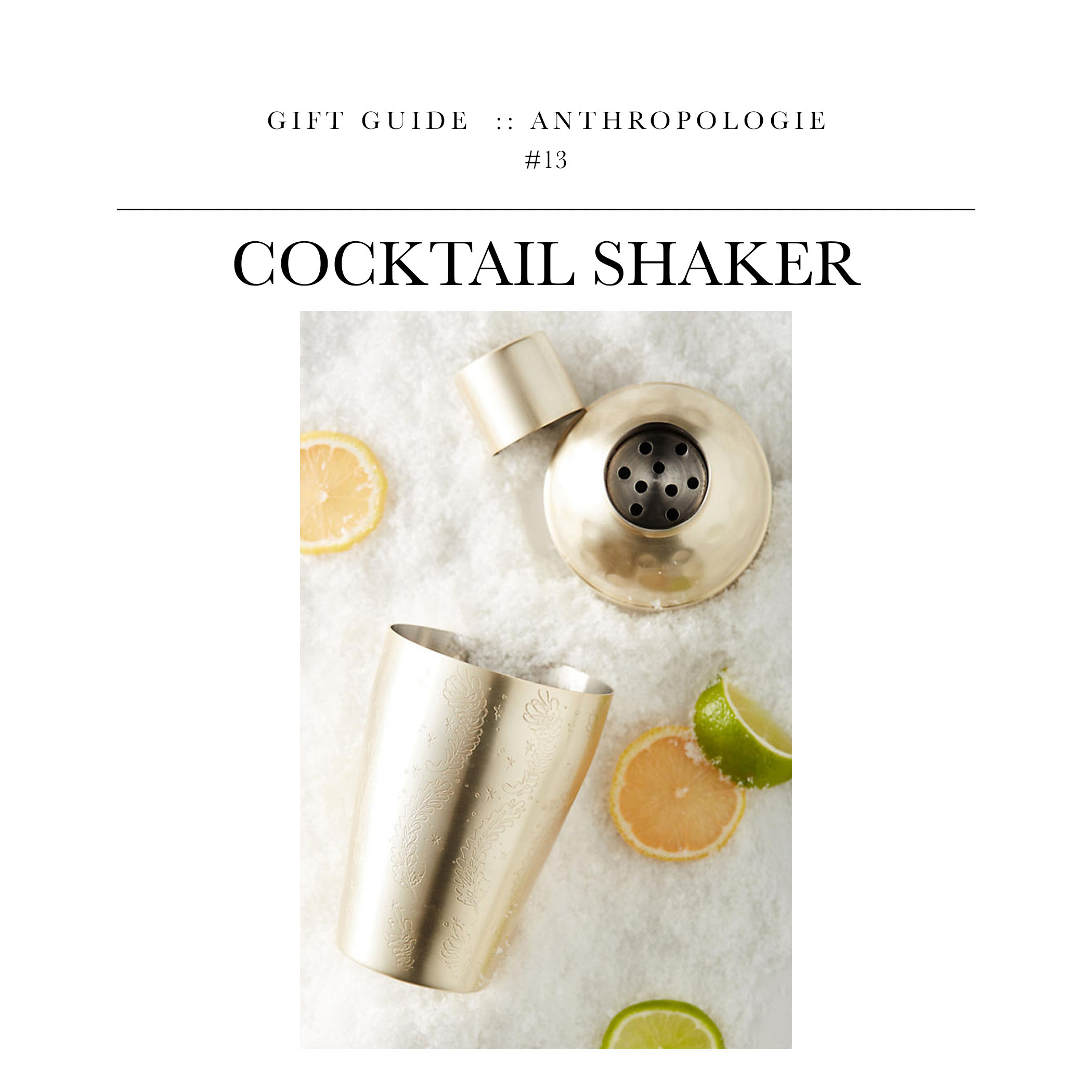 Cocktail Shaker via Anthropologie // A lightly etched cocktail shaker perfect for making a drink for two.