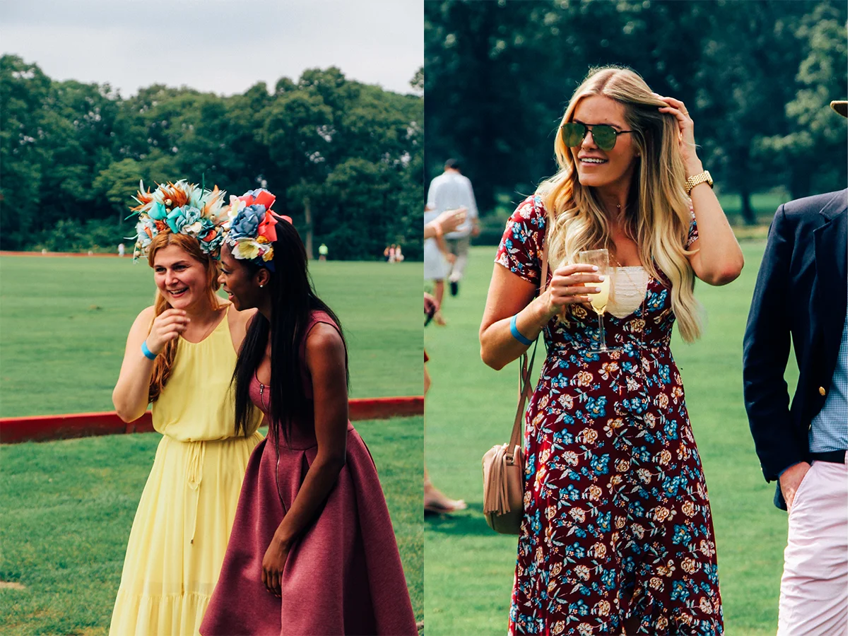 (Left): My personal pics for best fascinators - I mean how cool, right? (Right): A lovely lady with champagne in hand while stomping divots at half time.