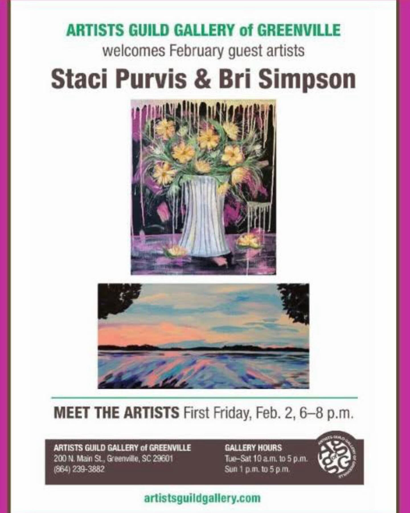 Hey! What are you doing tonight? &hellip;&hellip;&hellip;&hellip;&hellip;.👇 👇👇👇👇👇👇👇👇👇👇👇👇👇👇 .
.
.
.
Stop by the Artist Guild Gallery Greenville at 200 N. Main St. in downtown Greenville, South Carolina. We are hosting Februarys First Fr