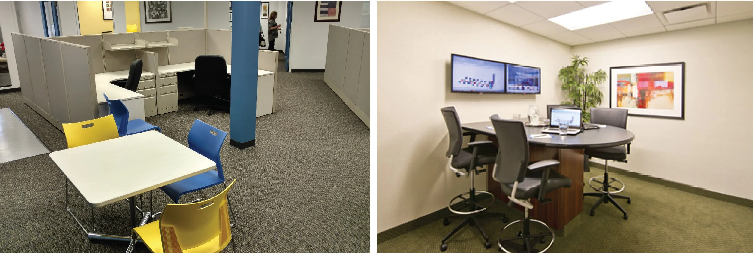 Two office spaces we designed featuring color and artwork.
