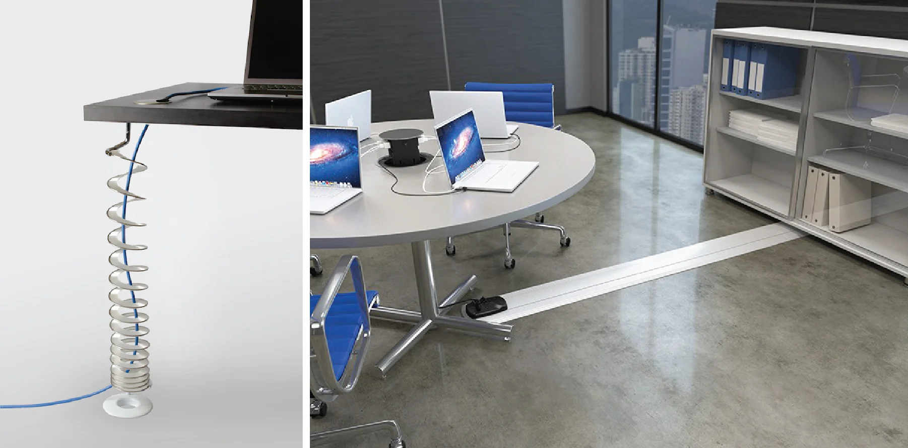 Wire Control Options. Left: Helix | Symmetry Office. Right: On-Floor Wireway Connectrac