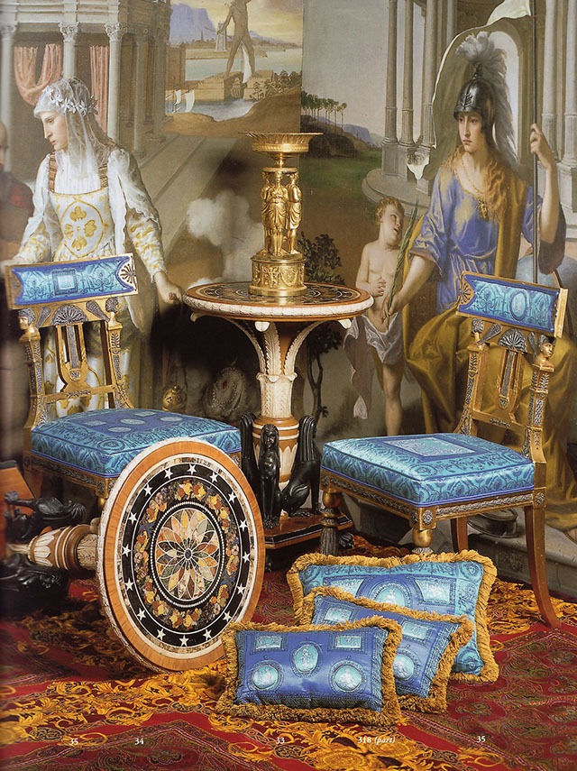 A Pair of Swedish Neoclassical Style Painted and Gilded Side Chairs, seats covered in Gianni Versace designed 'Portrait Gallery' pattern
