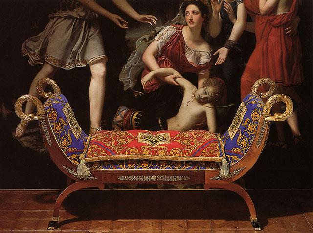 An Empire Style Ormolu-Mounted Parcel-Gilt and Mahogany Upholstered Bench, 20th Century, upholstered in Gianni Versace designed cotton velvet 'Baroquesque' pattern